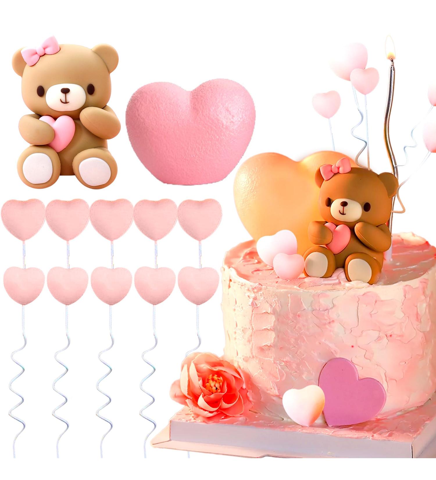 LaVenty 12 PCS Pink Bear Cake Decoration Heart Love Cake Topper Heart Teddy Bear Cake Decoration Baby Shower Cake Decoration Baby Girl Cake Decoration Pink 2 - Buy Online on GoSupps.com