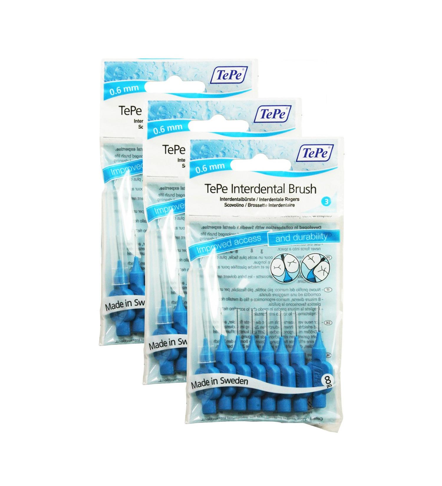TePe - Oral Dental Floss interdental Brushes - 3 Packs of 8 (24 Brushes) (Blue 0.60mm)