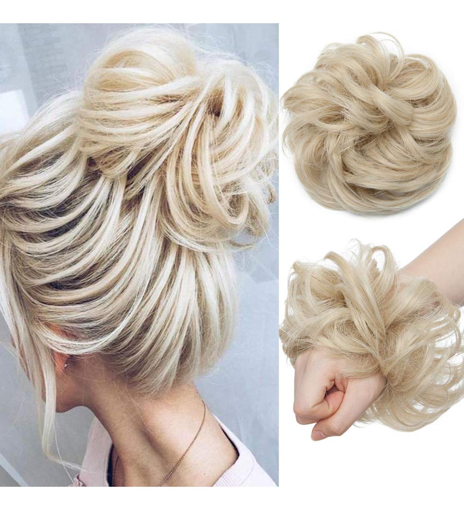 Synthetic Messy Hair Bun Scrunchie Extension in Ash Blonde/Bleach Blonde - Curly Wavy Chignon Updo for Women | Ponytail Hair Accessories - Buy Online on GoSupps.com