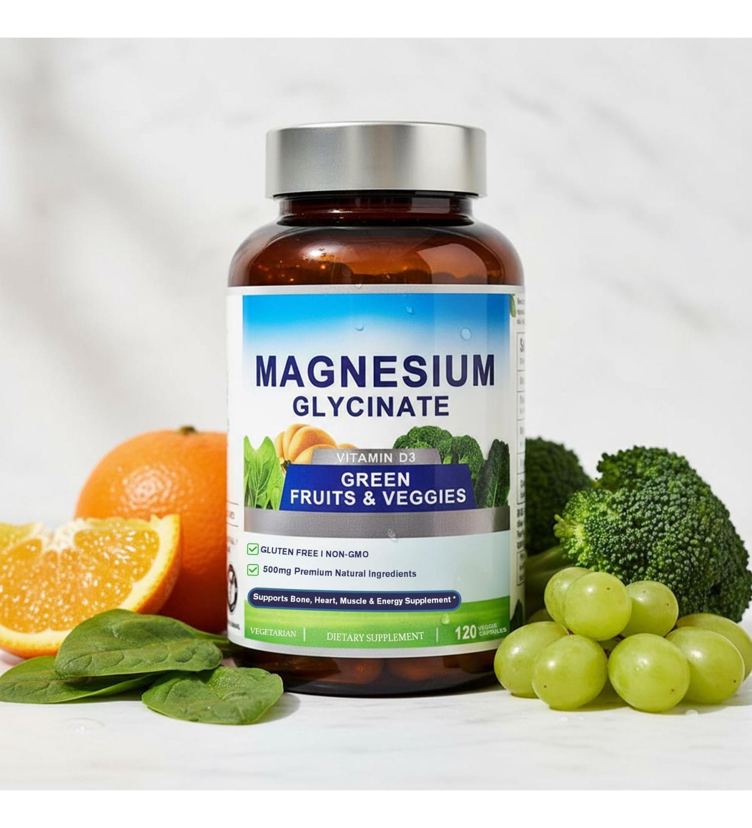 Magnesium Glycinate 500mg with Vitamin D3 High Absorption Magnesium Supplement with Veggies Design Supports Bone & Muscle Function and Energy Non-GMO Gluten-Free 120 Veg Capsules - Buy Online on GoSupps.com