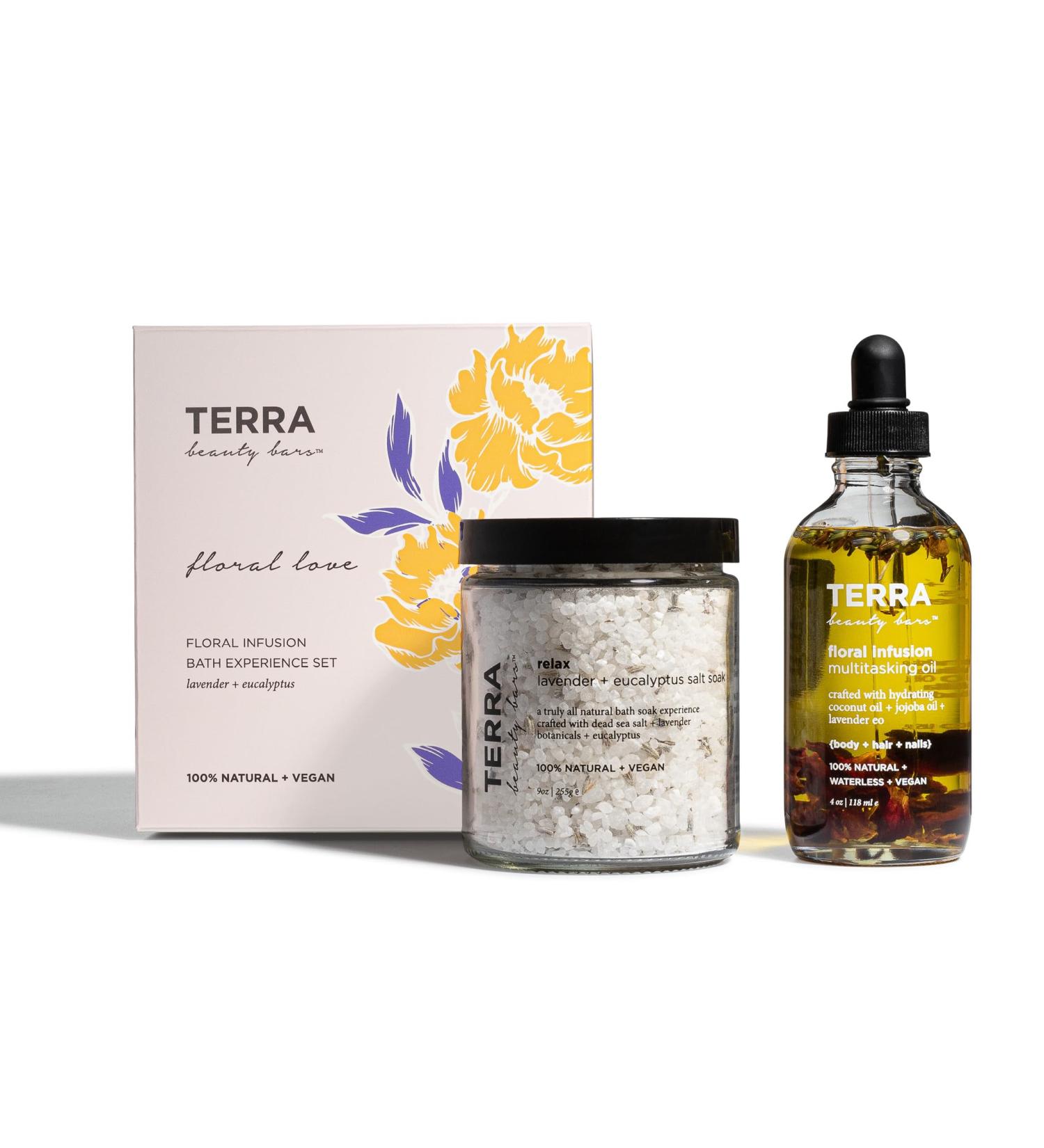 Terra Beauty Bars Floral Love Gift Set | Natural Body Oil & Bath Salt | Vegan Skincare - 2 Pieces - Buy Online on GoSupps.com