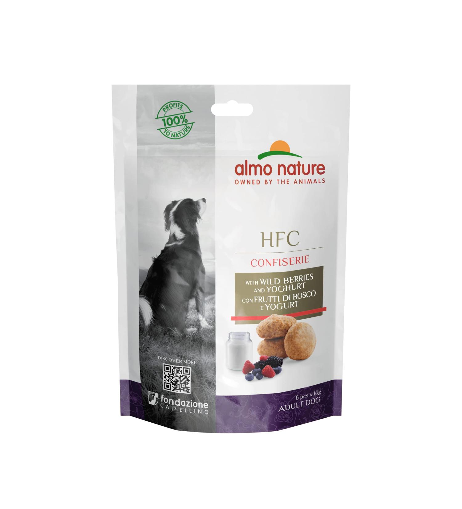 Almo Nature HFC Confectionery Snack for Adult Dogs with Berries and Yogurt - 12 envelopes of 10 g.