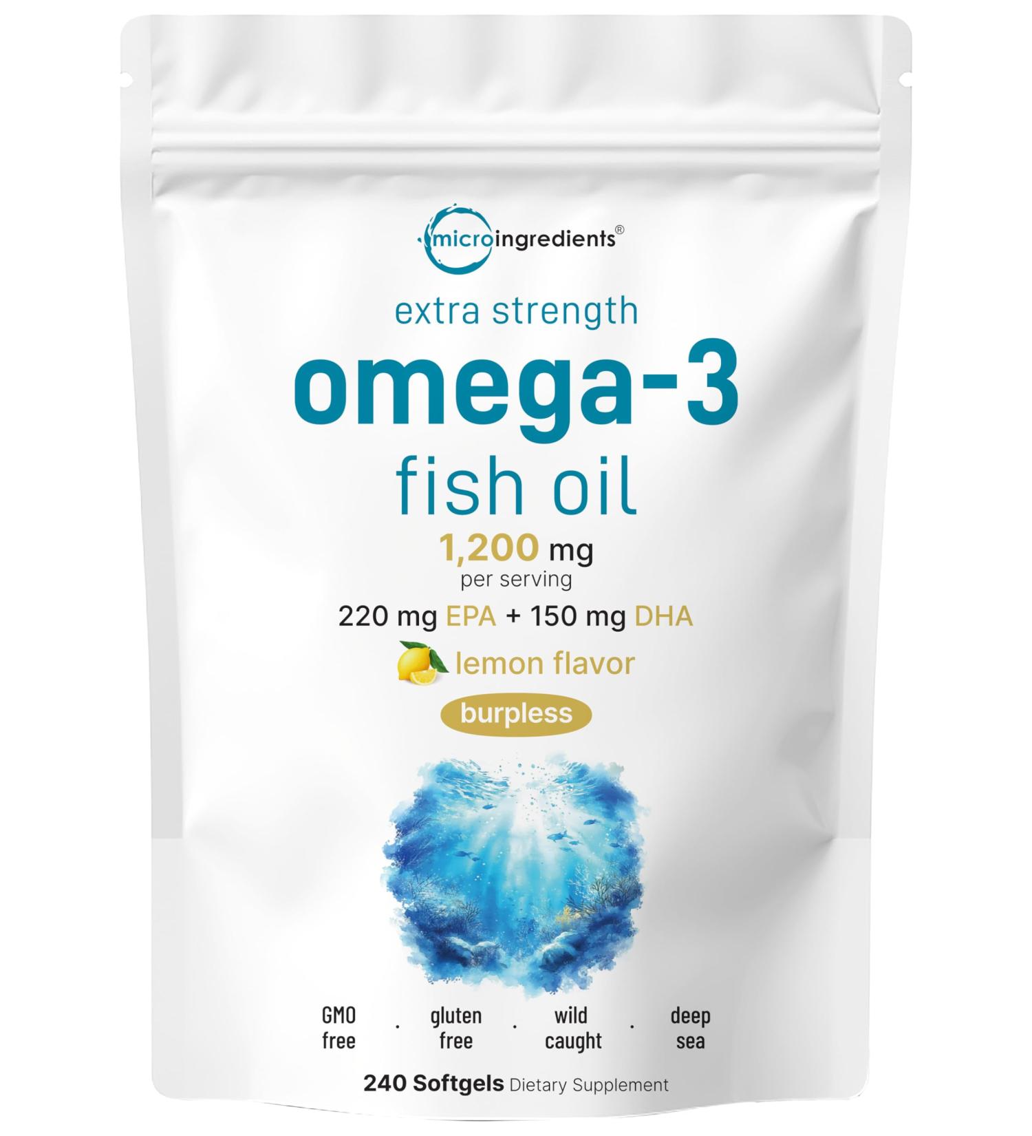 Micro Ingredients Extra Strength Omega 3 Fish Oil Supplements 1 200mg Per Serving 240 Softgels | Lemon Flavored | Burpless | Essential Fatty Acids | EPA 220mg + DHA 150mg | Deep Sea Fish - Buy Online on GoSupps.com