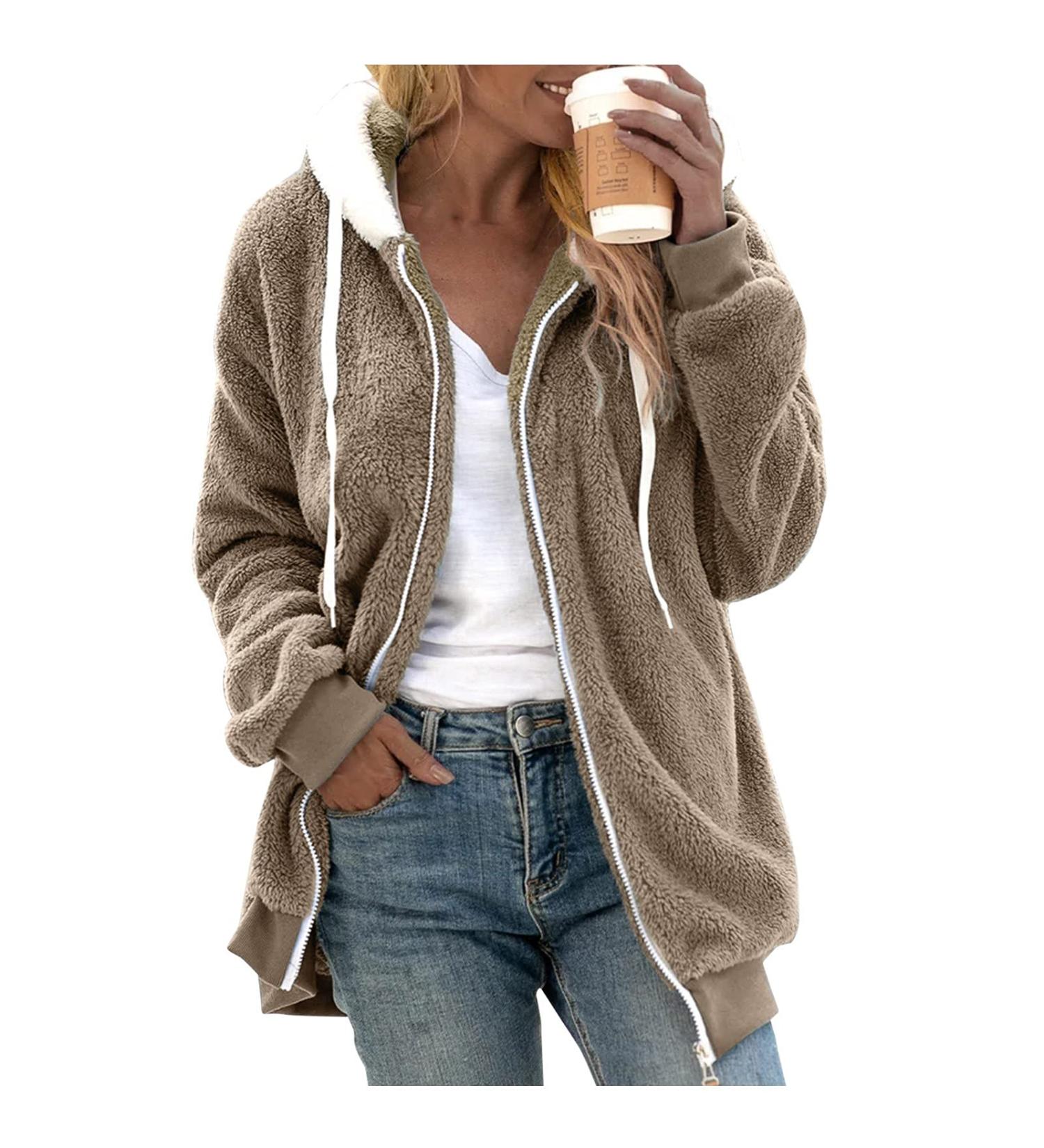 Hanxiulin Women's Fleece Plush Jacket - Warm Long-Sleeved Winter Coat - Casual Slim Fit in Khaki - Buy Online on GoSupps.com