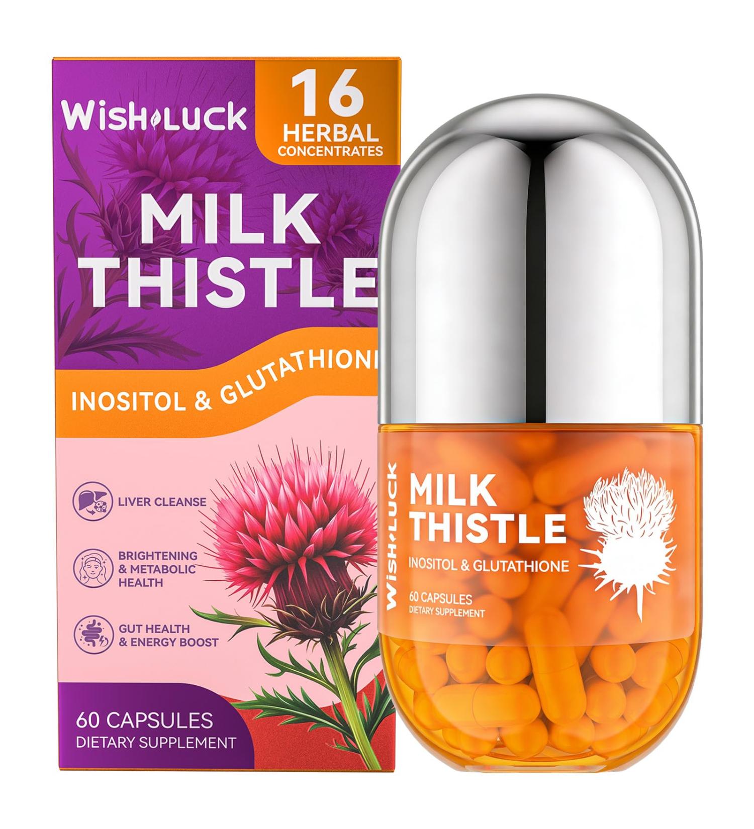 WISH LUCK Milk Thistle Supplement Liver Detox: 300mg 80% Silymarin with Glutathione for Antioxidant & Liver Cleanse Detox and Inositol Support Metabolic Health Non-GMO 60 Capsules - Buy Online on GoSupps.com