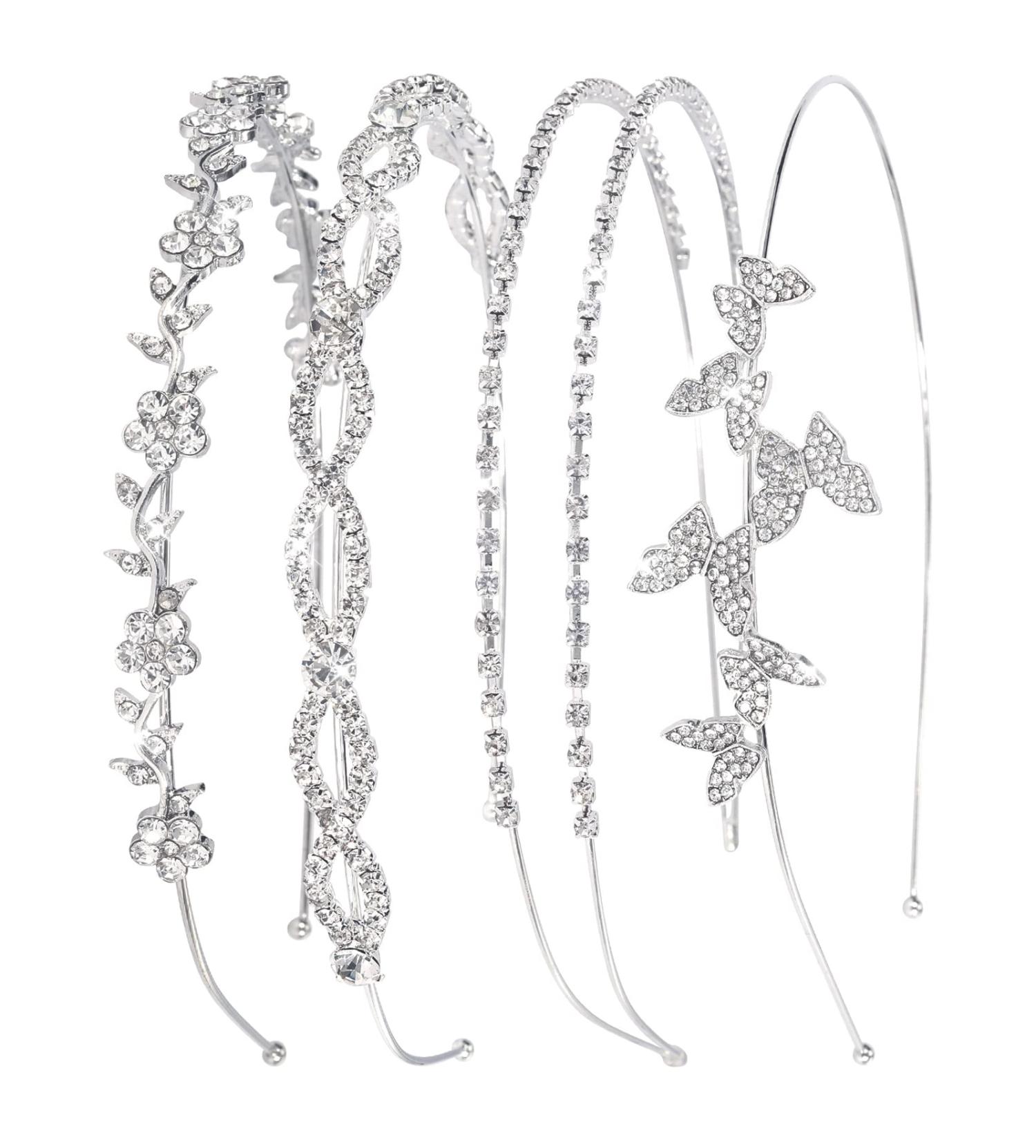 Wecoe 4 Pack Silver Rhinestone Headband Set | Crystal Wedding Headpiece for Flower Girl, Bridal, and Women | Metal Headband with Flower, Leaf, and Butterfly Designs - Buy Online on GoSupps.com