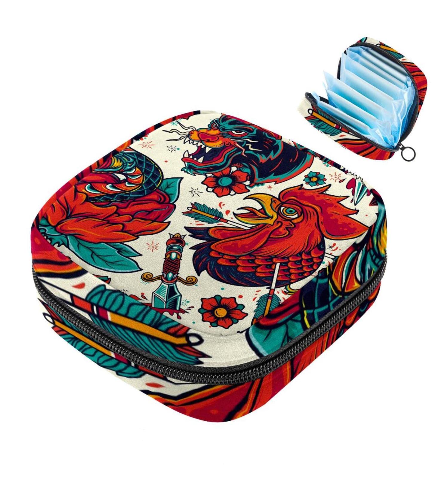 Colorful Rooster Tiger Rose Napkin Storage Bag | Portable Zippered Pouch for Women & Teen Girls - Buy Online on GoSupps.com