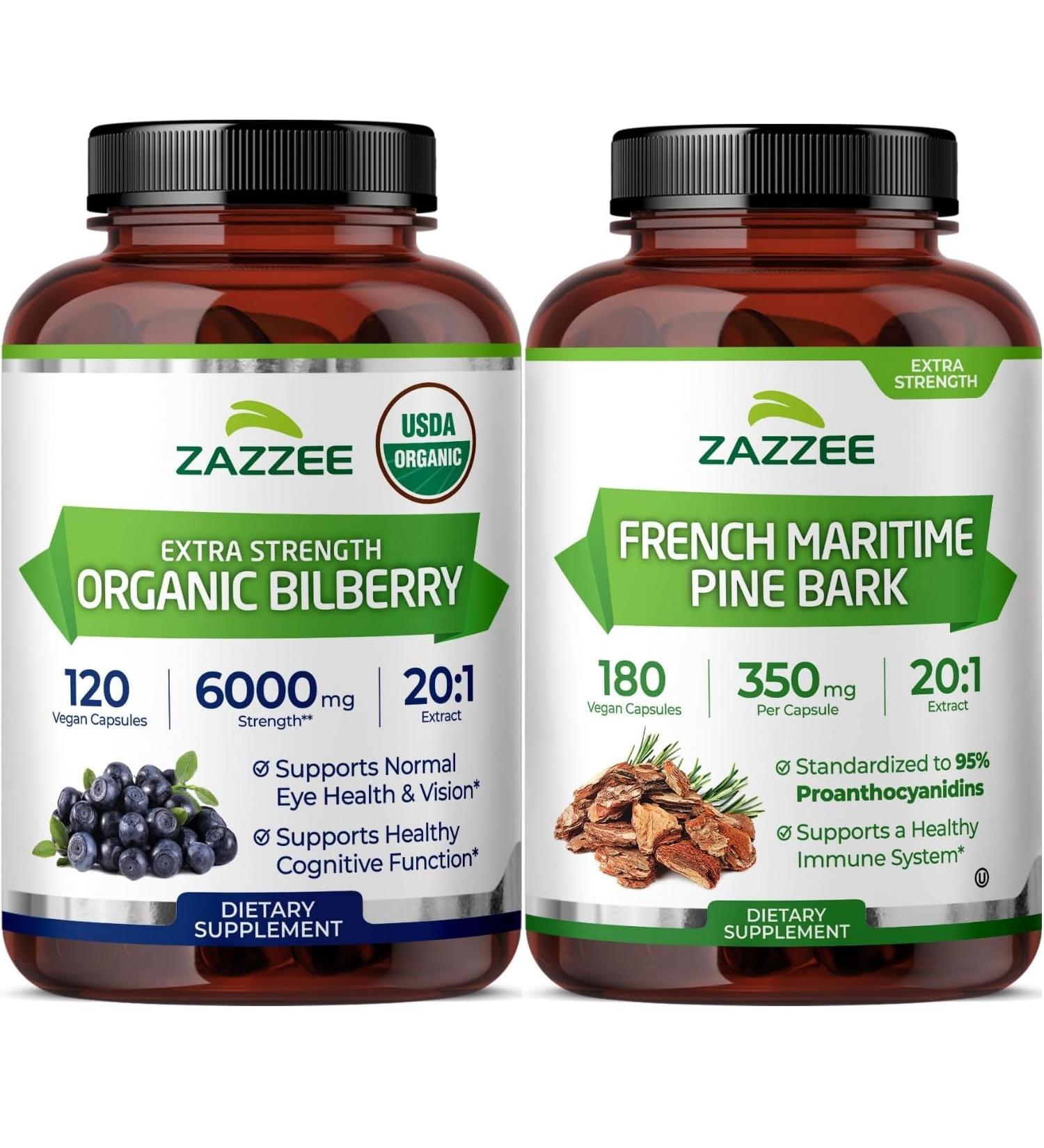 Zazzee French Maritime Pine Bark Extract and Organic Bilberry Extract Capsules | 20:1 Bilberry Supplement Plus French Pine Bark | Circulatory Support Bundle - Buy Online on GoSupps.com
