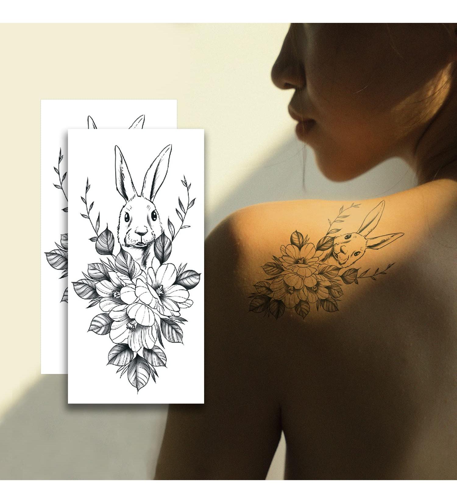 Rabbit & Flowers Waterproof Temporary Tattoos - Long-Lasting Fake Tattoo Stickers for Men & Women - Cool Black Half Sleeves - 2 Sheets - Buy Online on GoSupps.com