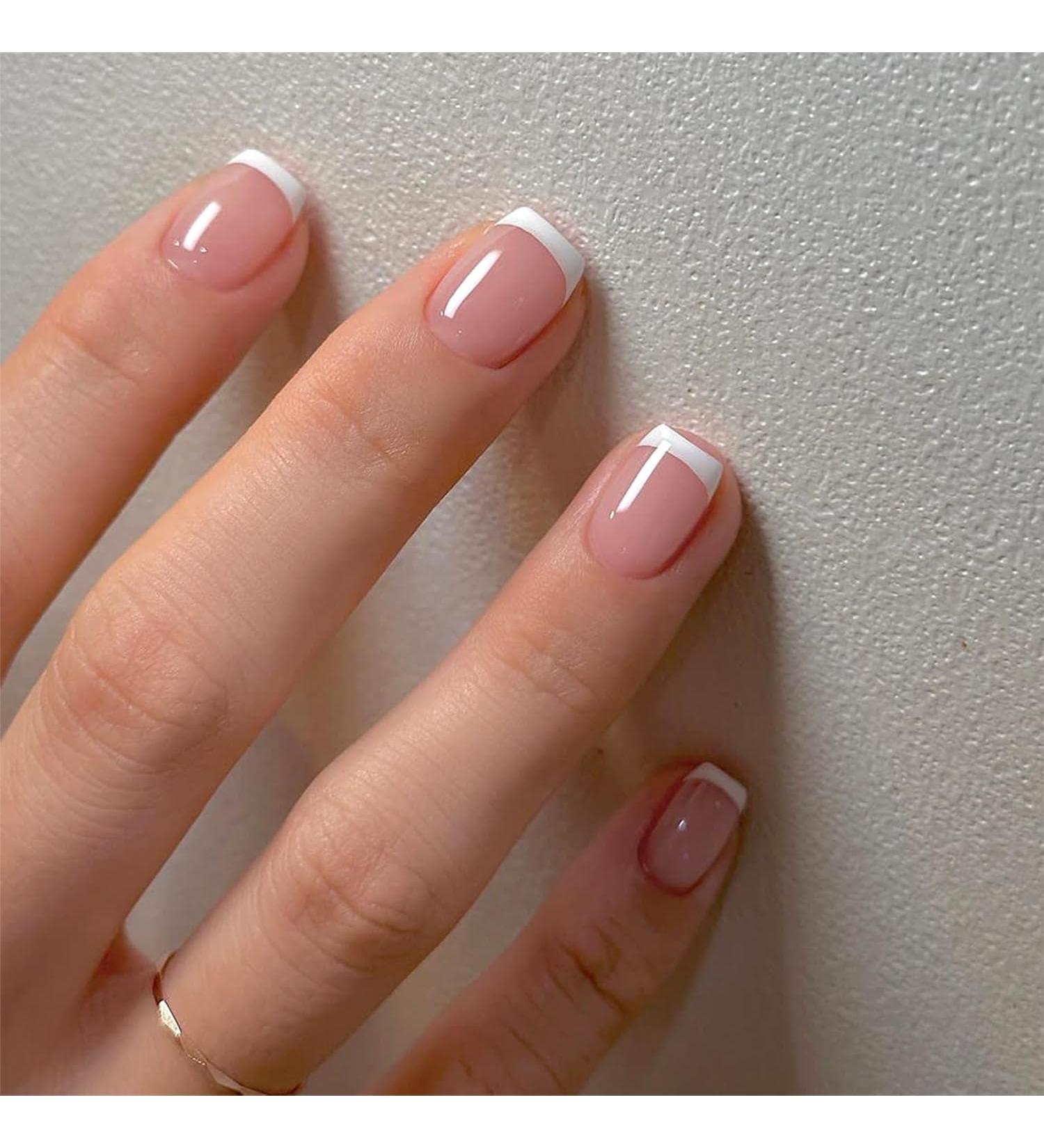White French Tip Short Square Press-On Nails | Reusable Mirror Acrylic Glue-On Nails for Women | DIY Manicure Design - Buy Online on GoSupps.com