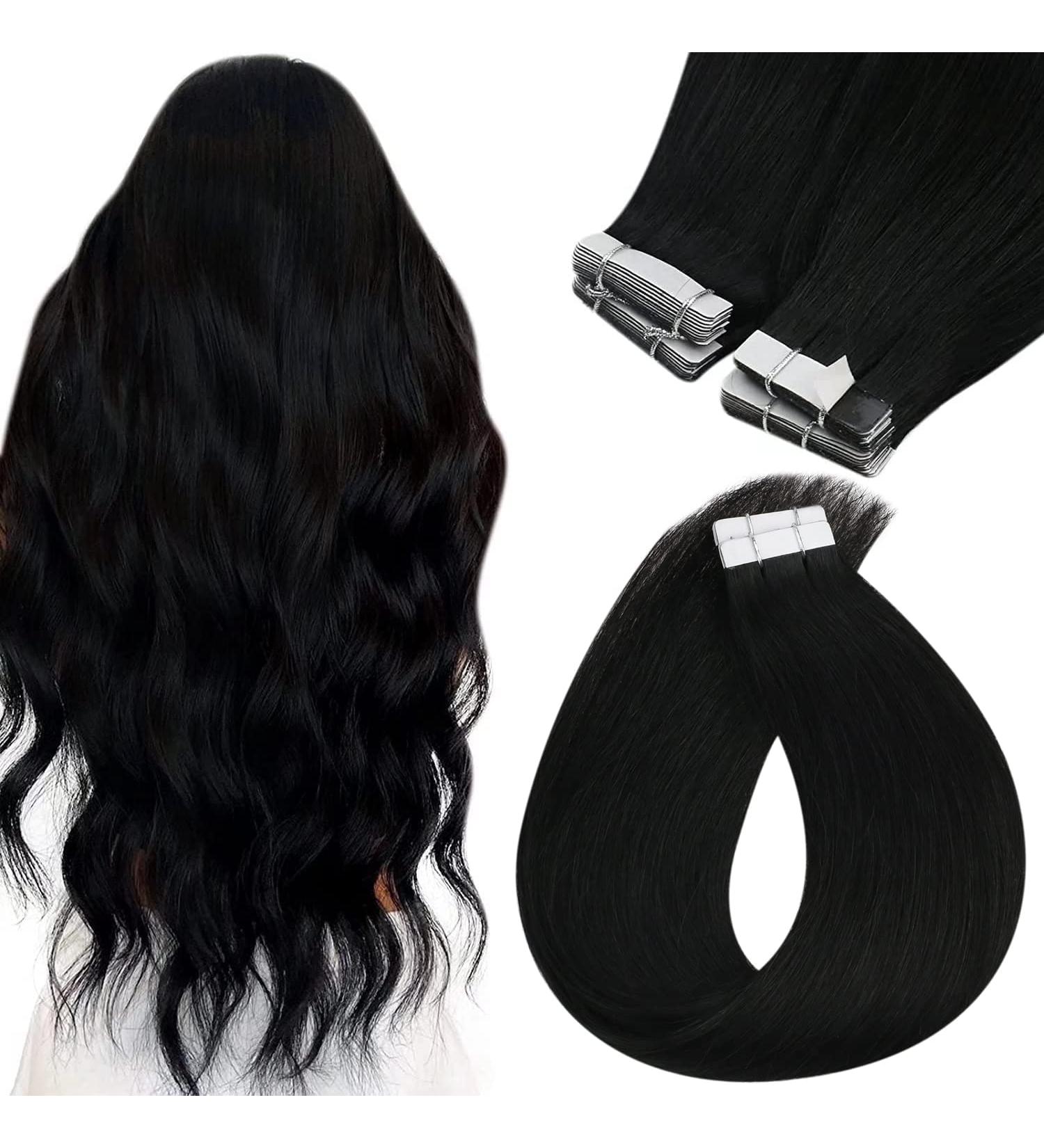 Sunny Jet Black Tape in Hair Extensions - 20pcs, 50g, 22 Inch, Real Human Hair for Black Women - Buy Online on GoSupps.com