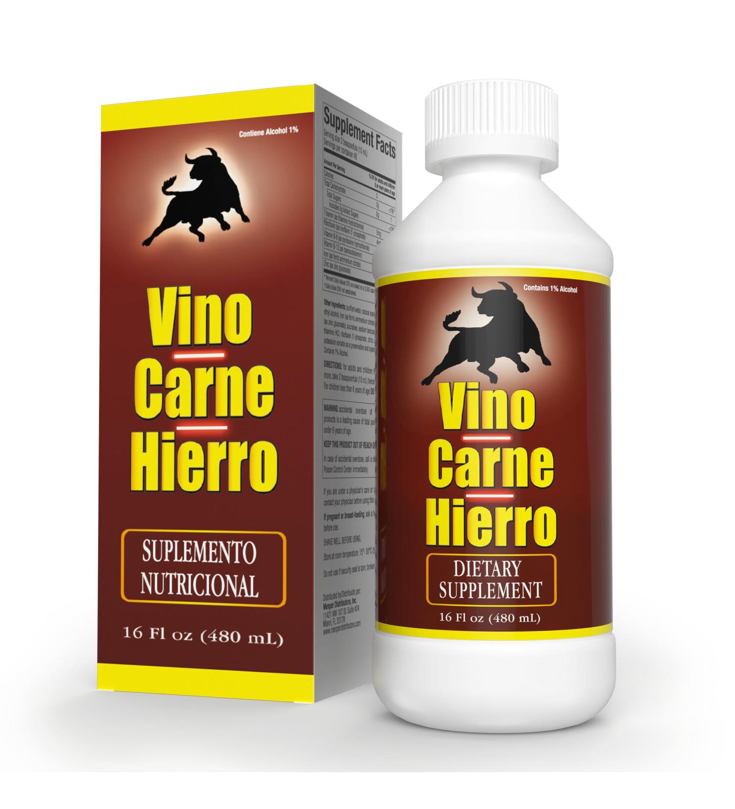 Menper Vino Carne Hierro Iron Supplement | Liquid Supplements with Iron & Vitamin Supplement Blend for Energy Support Red Blood Cell Function Oxygen Transport & Vitality | 16 Fl Oz - Buy Online on GoSupps.com