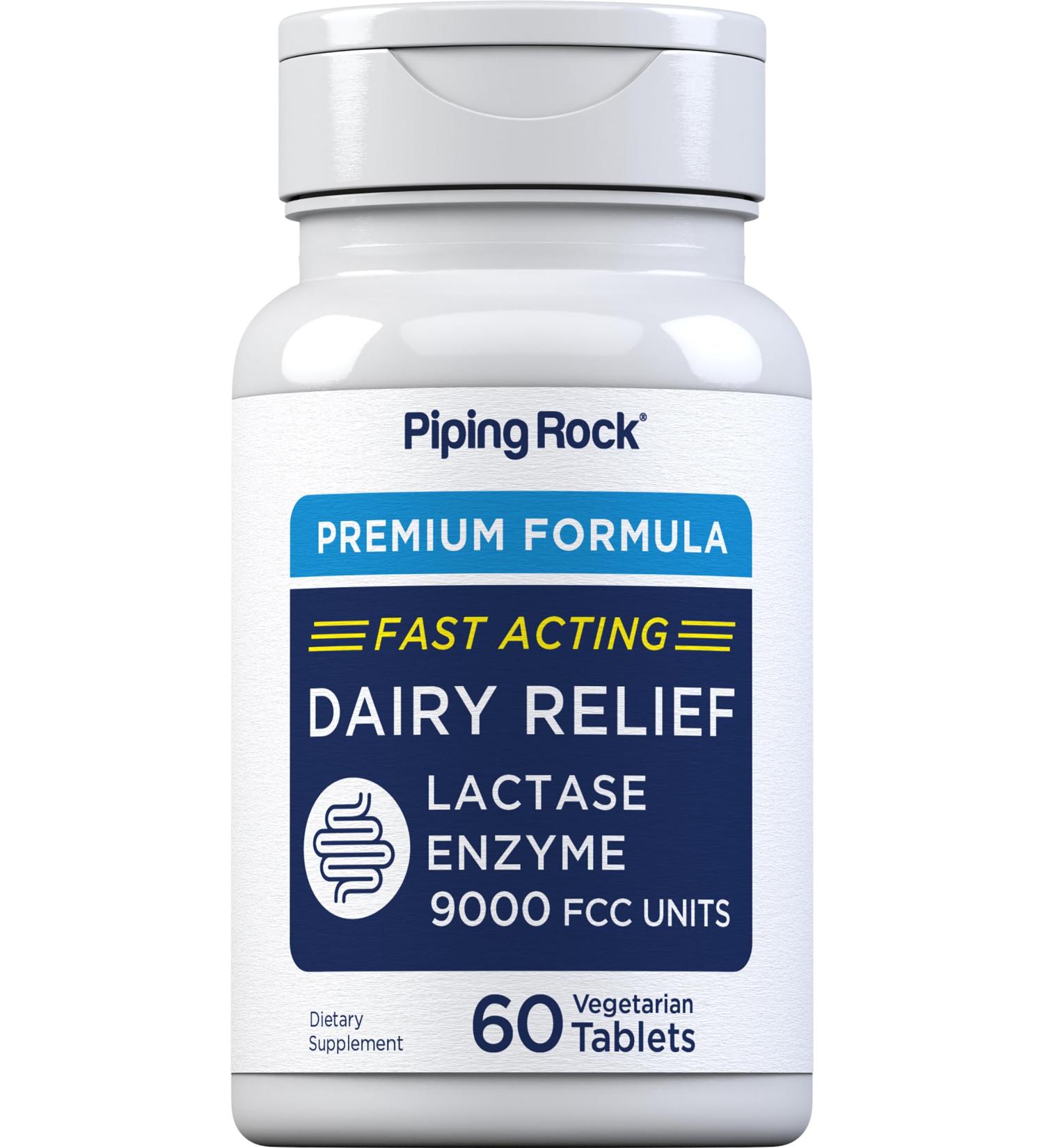 Piping Rock Dairy Relief Pills 9000 FCC | Fast Acting Tablets | 60 Count | Lactase Enzyme Supplement | Premium Formula | Vegetarian Non-GMO Gluten Free - Buy Online on GoSupps.com