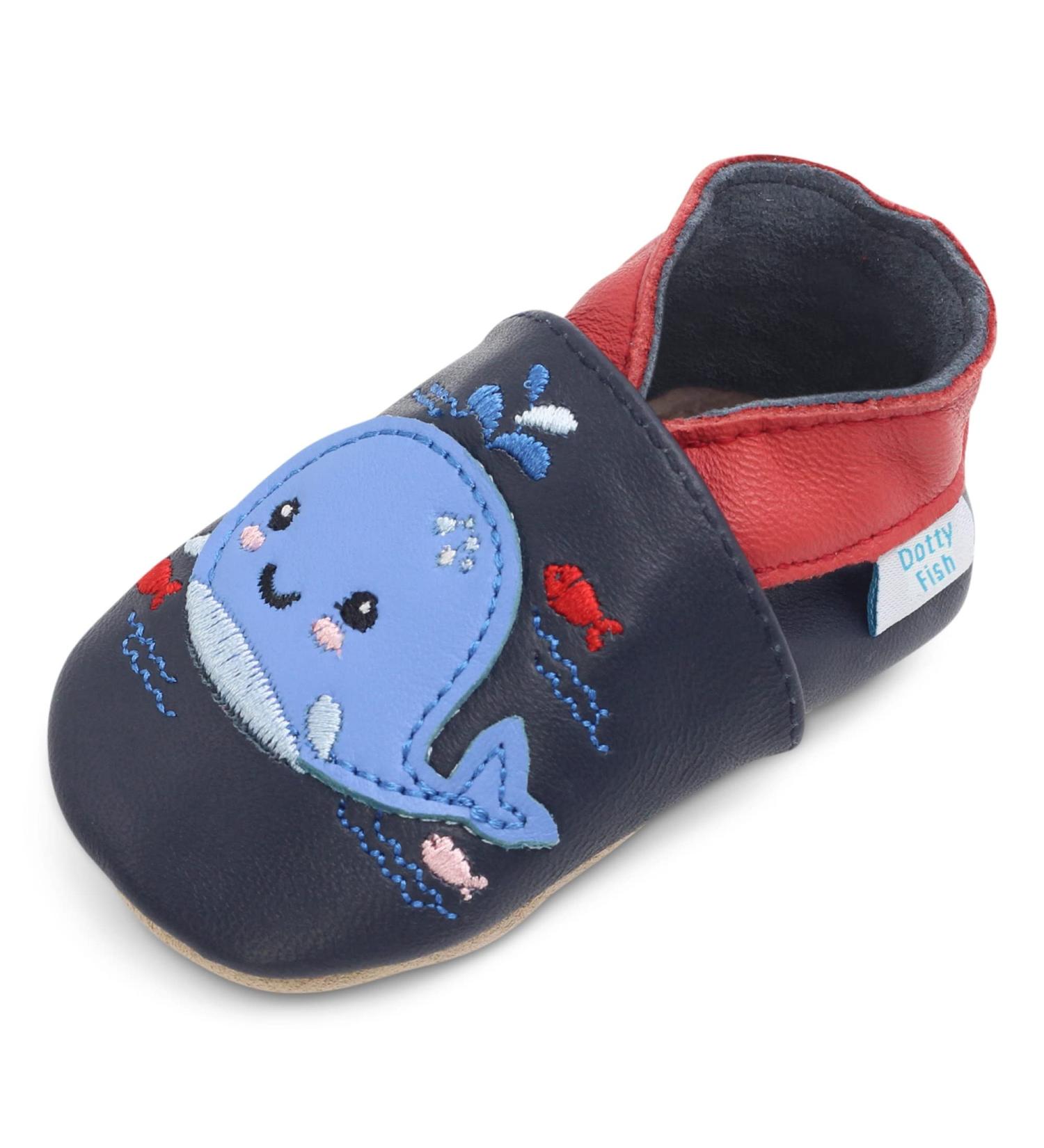 Dotty Fish Soft Leather Baby Shoes | Non Slip Toddler Shoes | Animal Designs for Boys/Girls | Navy Whale | 0-6 Months - 4-5 Years - Buy Online on GoSupps.com