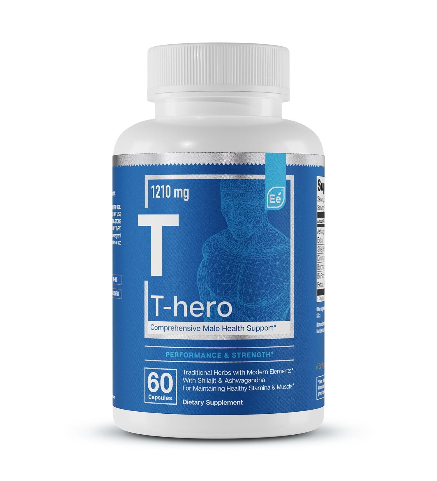Essential Elements Male Health Supplement | T-Hero T-Health & Muscle Support with DIM Ashwagandha Shilajit - 60 Vegan Capsules - Buy Online on GoSupps.com
