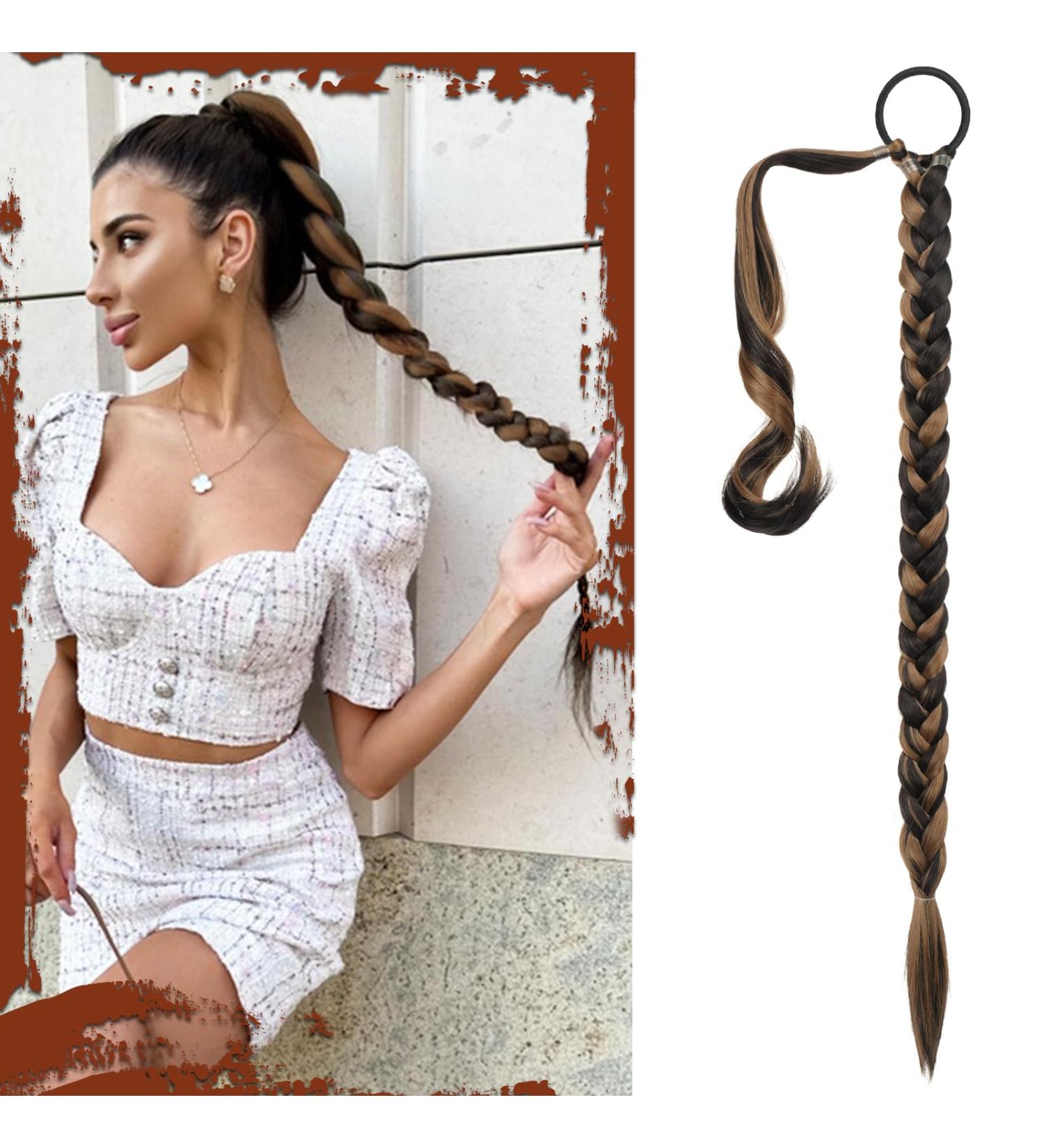 Sofeiyan Long Braid Ponytail Extension with Hair Tie Straight Sleek Wrap Around Hair Extensions Braid Pony Tail Fluffy Natural Soft Synthetic Hairpieces for Women Daily Wear 30 inch-Brown with Blonde 30 Inch (Pack of 1) Chocolate Brown with Blonde - Buy Online on GoSupps.com