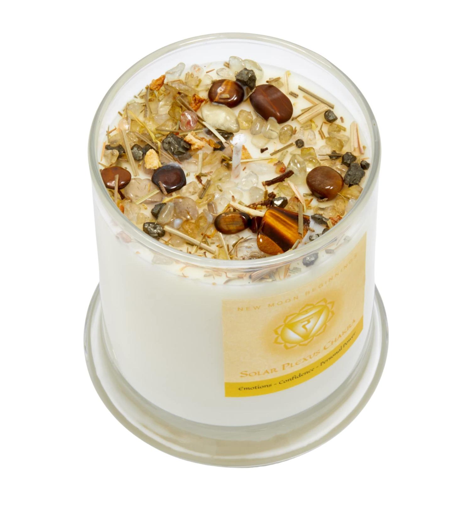 Solar Plexus Chakra Candle | New Moon Beginnings | Aromatherapy & Crystal-Infused Soy Candle | 12oz Dried Flower Candle - Buy Online on GoSupps.com