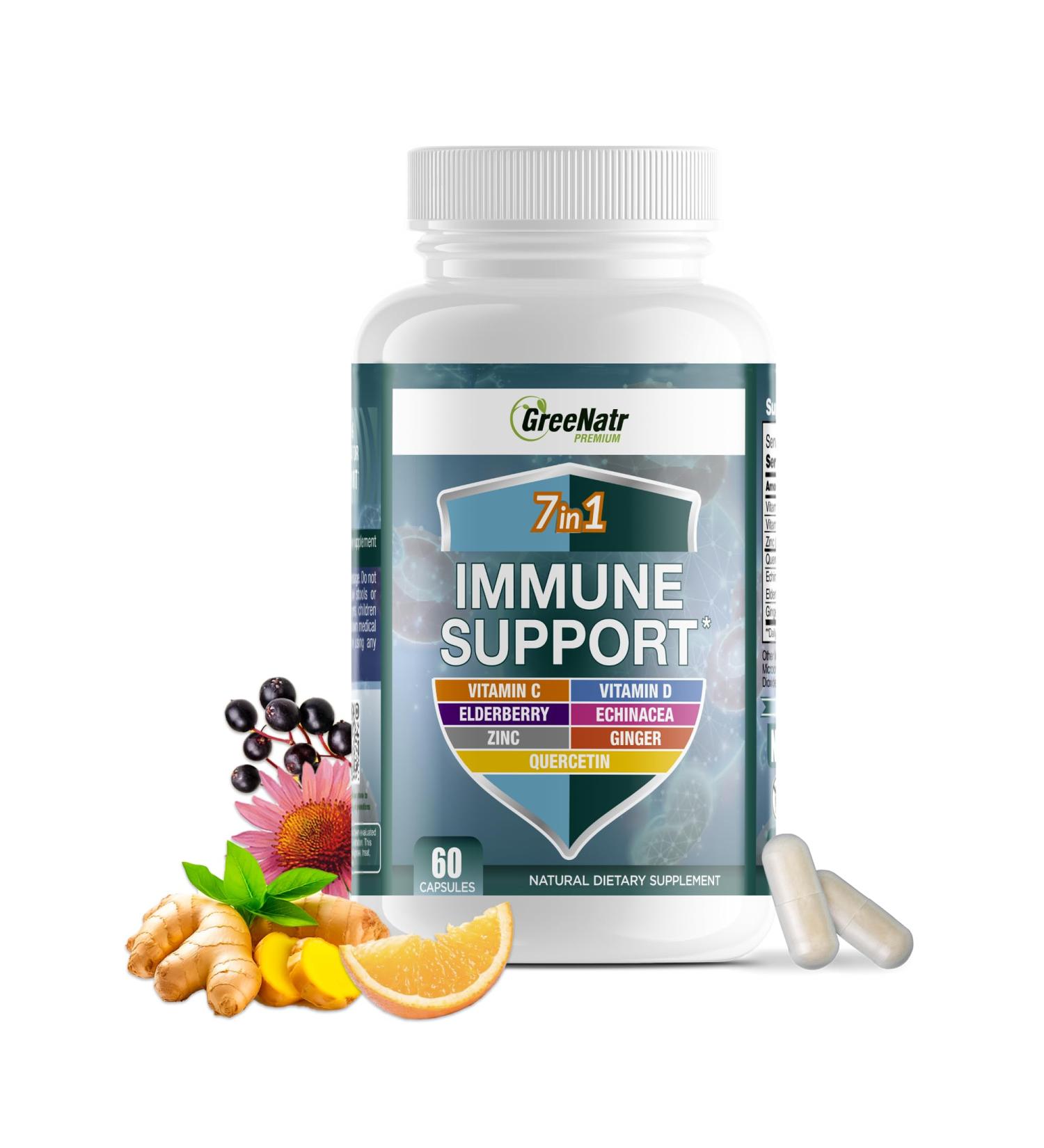 GreeNatr Immune Support Supplement with Vitamin C D3 Zinc 50mg Quercetin Echinacea Purpurea Sambucus Elderberry and Ginger for Complete Immune Defense - 60 Capsules (1 Bottle) 60 Count (Pack of 1) - Buy Online on GoSupps.com