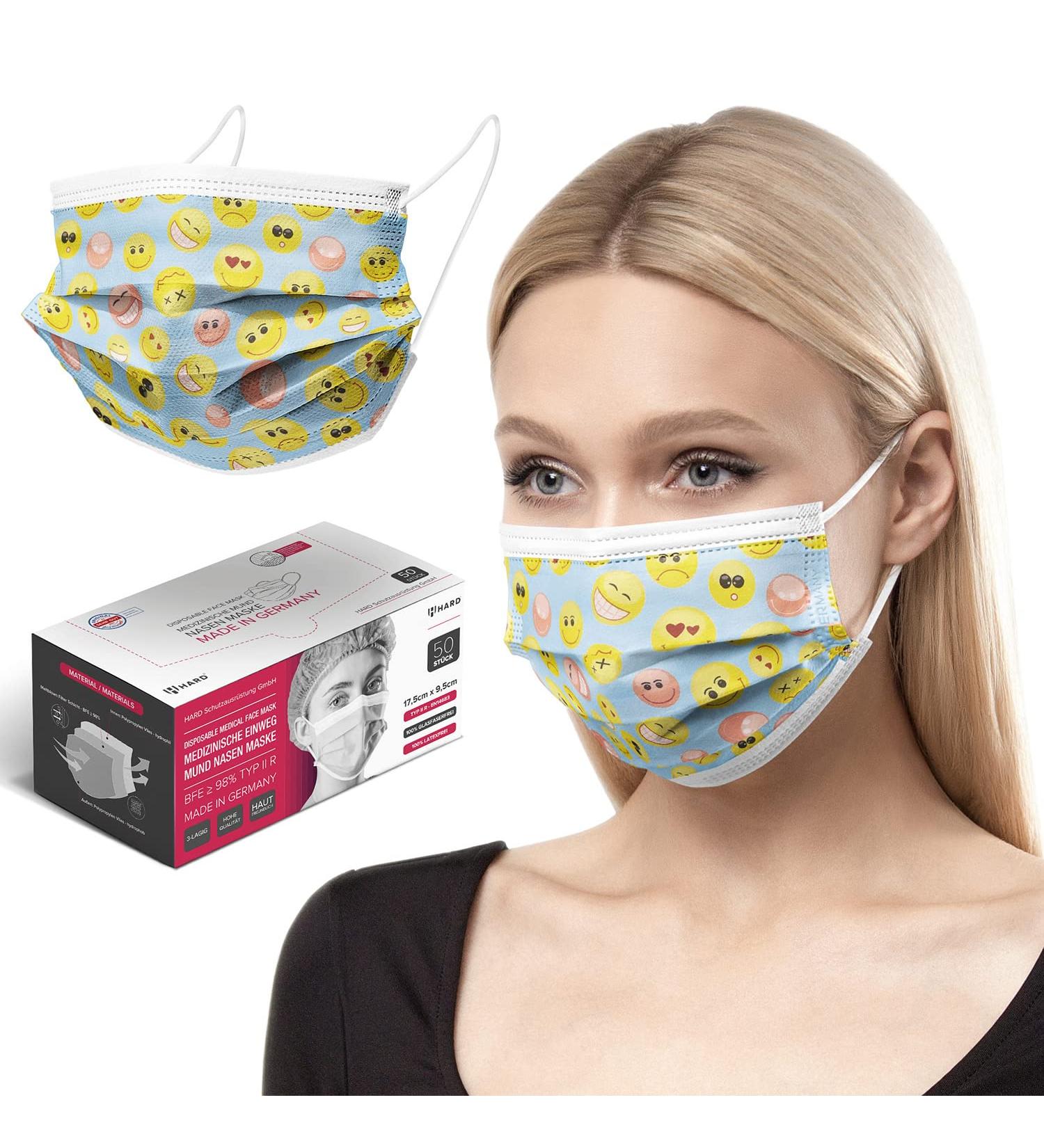 German-Made 100 Piece Disposable Face Masks | Type IIR & CE Certified | Triple Layer Filtration | Elastic Earloops | Smiley Design - Buy Online on GoSupps.com