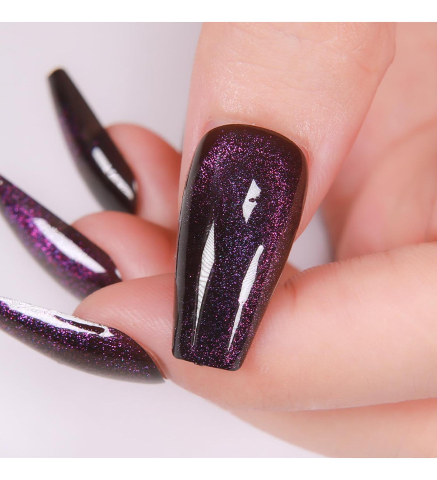 Press On Nails - Midnight Purple | Dark Glitter Velvet Coffin Nails | 24 Reusable Cat Eye Design for Women and Girls - Buy Online on GoSupps.com