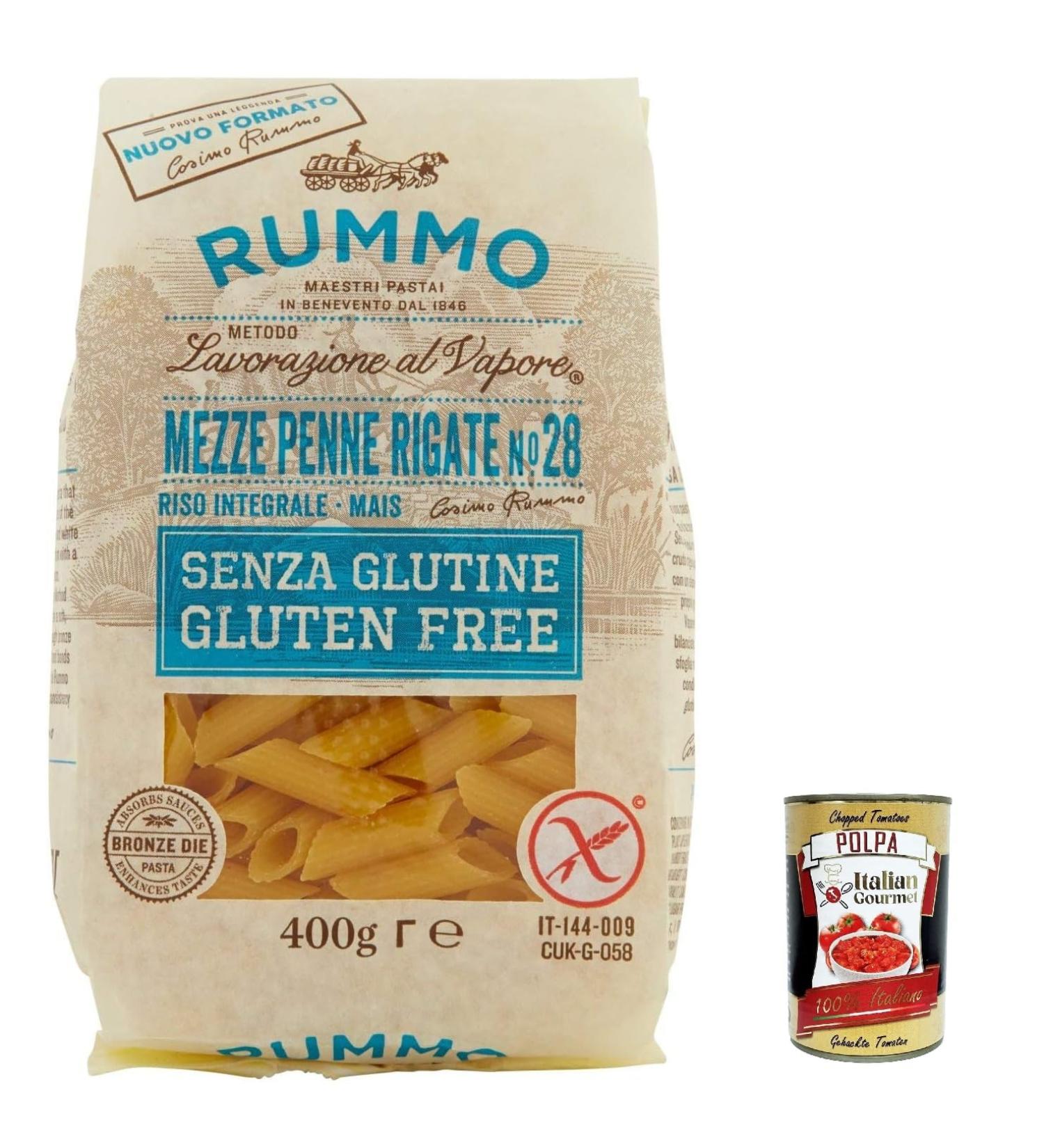  Italian Gourmet E.R. Rummo Pasta Mezze Penne rigate n. 28 senza Glutine gluten-free 100% Italian gluten-free pasta 400 g + Italian Gourmet polpa 400 g - Buy Online on GoSupps.com