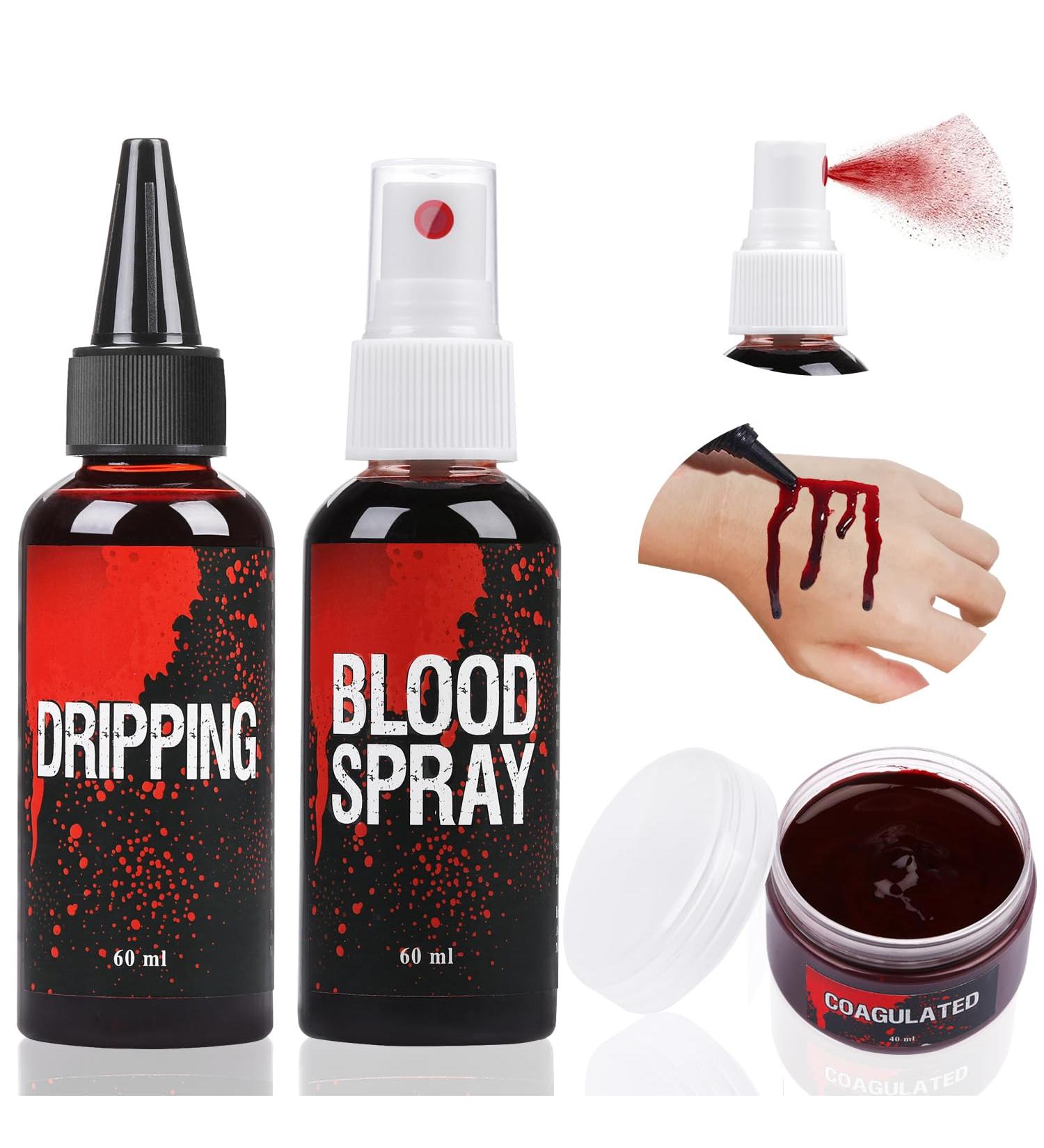 Fake Blood Set - 60ml Spray, 60ml Dripping, 40ml Gel Blood for Halloween Makeup & Costumes - Buy Online on GoSupps.com