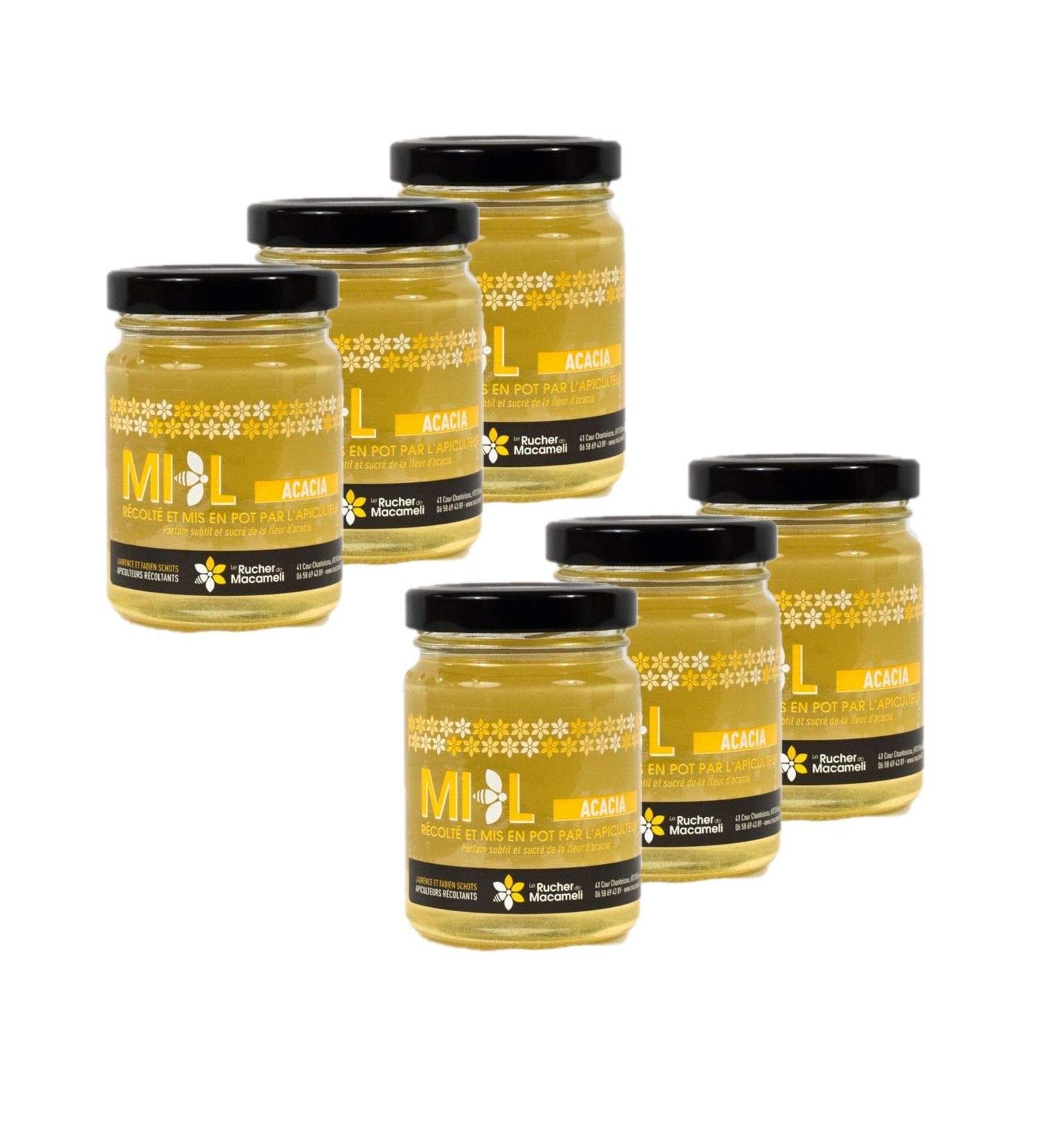 Set of 6 Acacia Honey – Monts du Lyonnais – Rhône Alpes – Le Rucher de Macameli – 125 g Pot