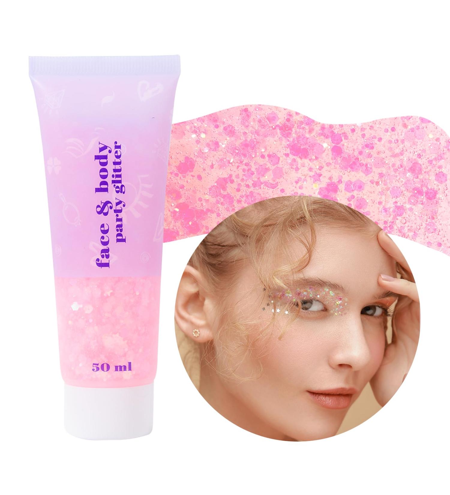 Prreal Body Glitter Gel 50ml - Holographic Shimmer Liquid Eyeshadow & Face Glitters for Festival Makeup - Chunky Glitter for Hair Nails & Body - Light Pink - Buy Online on GoSupps.com