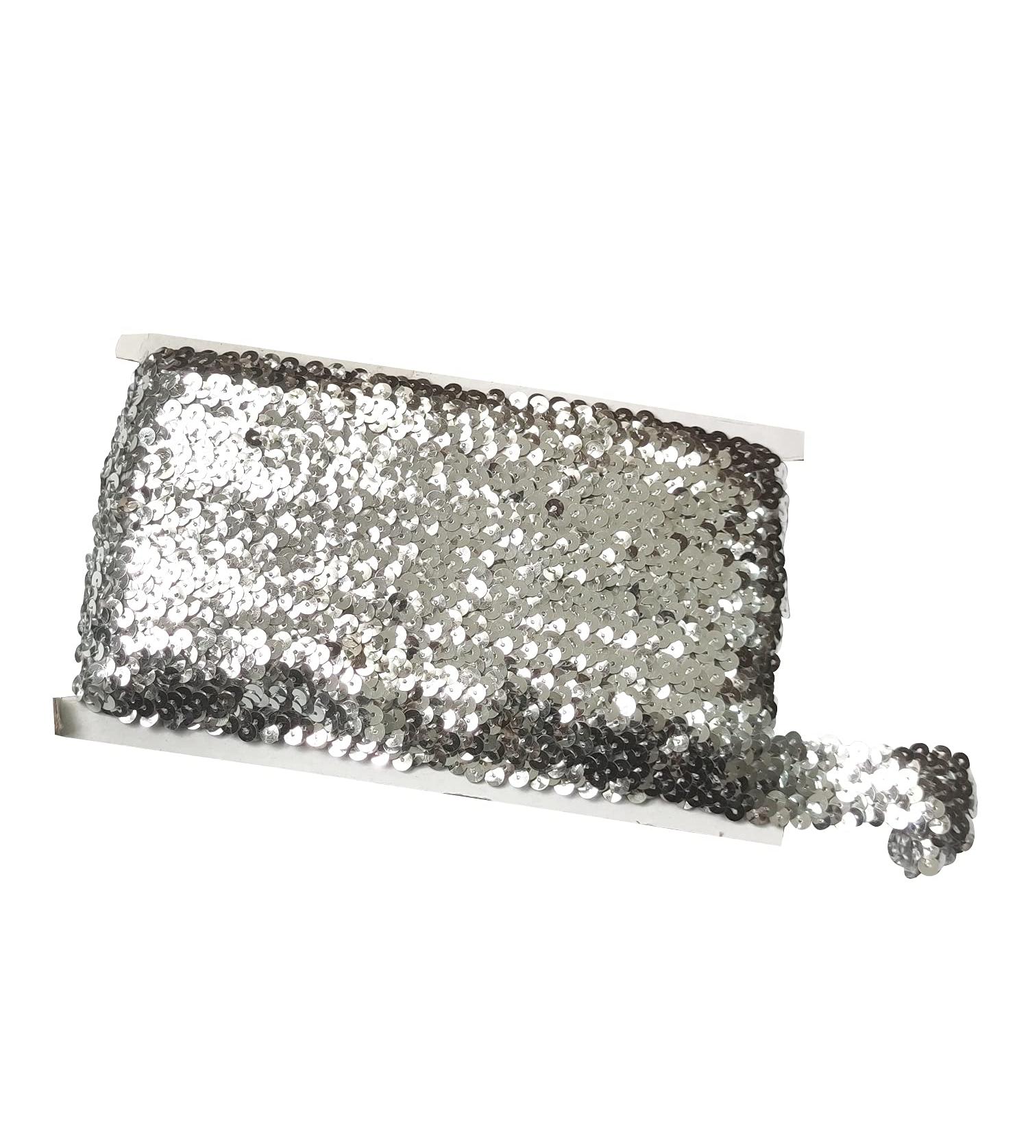 Gnognauq 10 Yards 1 Elastic Sequin Glitter Trim Spool - Metallic Silver Ribbon Trim for Wedding Dress, Headbands - 3-Row Paillette Fabric Embellishment - Buy Online on GoSupps.com