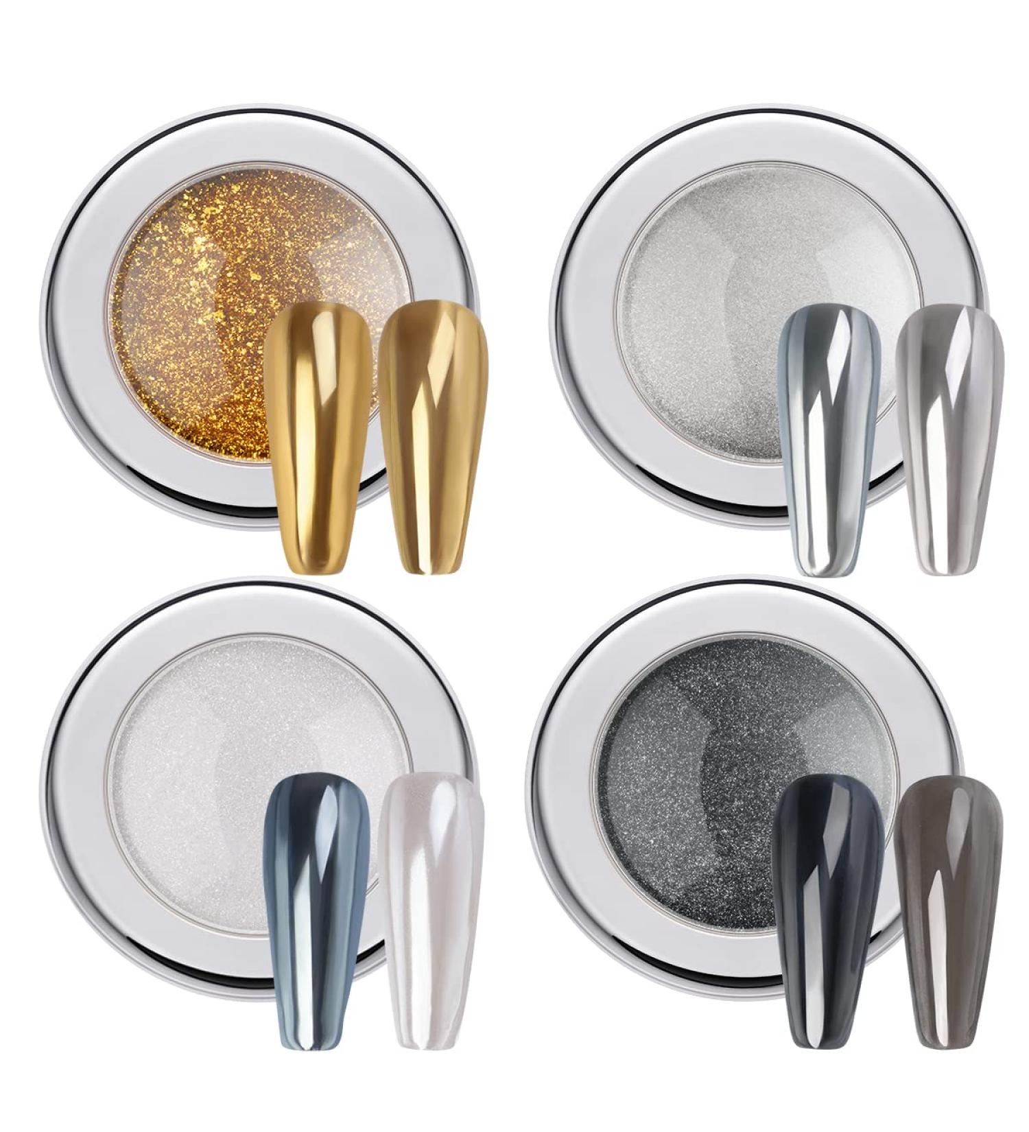 PrettyDiva Chrome Nail Powder Set - Mirror Glitter Effect Pigment Powder in Gold, Silver, Black & White - Metallic Collection - Buy Online on GoSupps.com