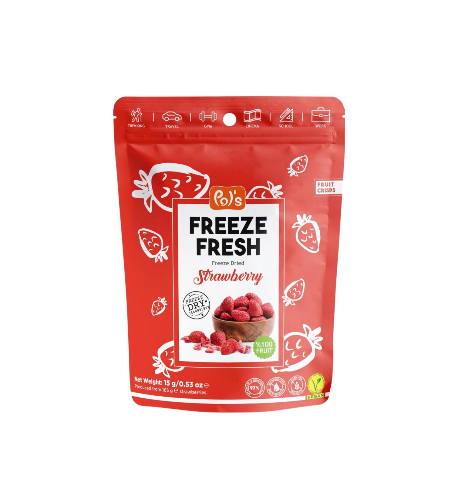  POL'S POL'S FREEZE FRESH Pack of 15 freeze-dried strawberries 100% whole strawberries no added sugar vegan lactose-free gluten-free 15 x 15 g - Buy Online on GoSupps.com