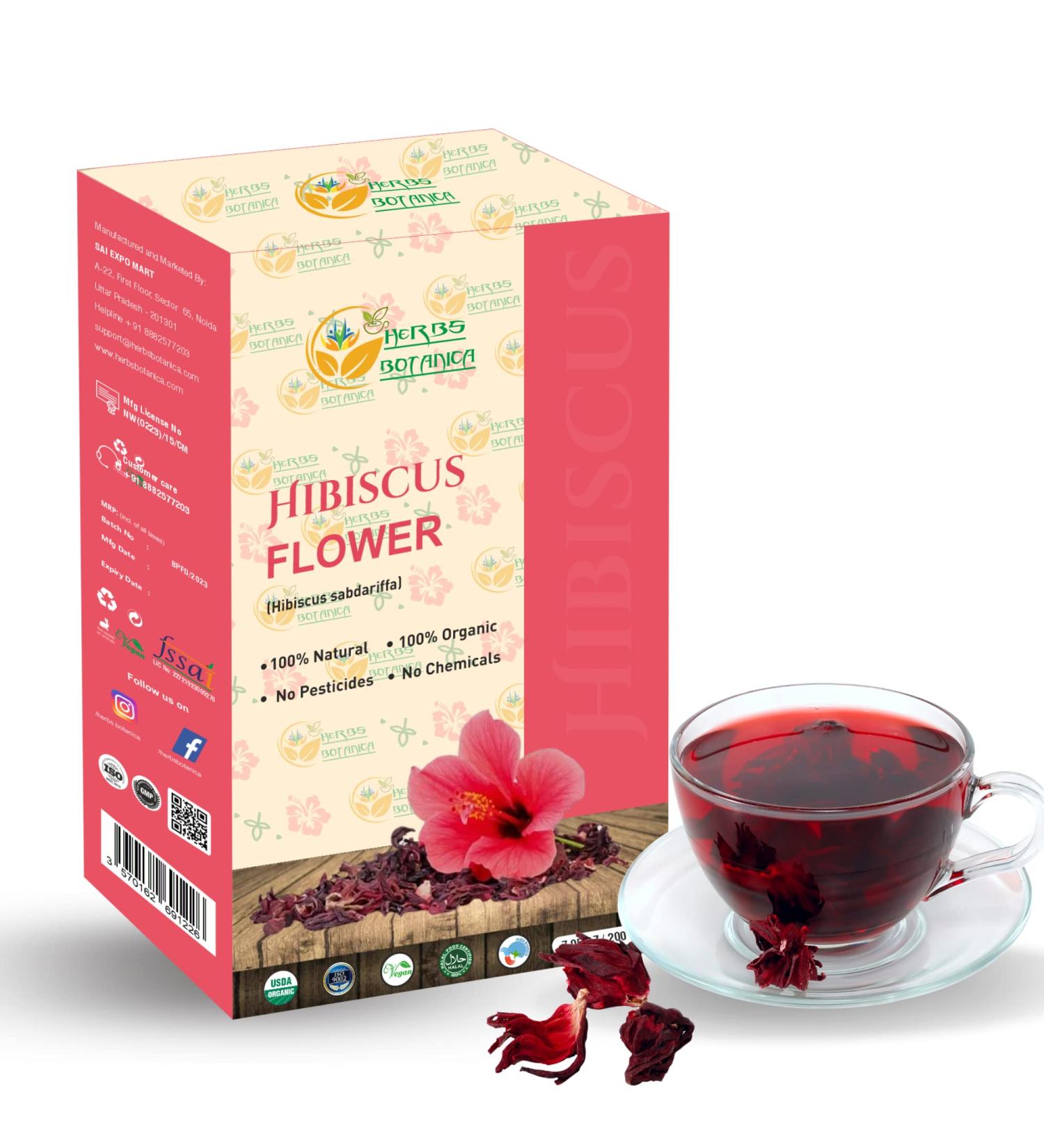 Herbs Botanica Hibiscus Flower Dried Organic For Tea Hair Growth Flor De Jamaica Organica Whole Full Flower Petals Cake Decoration & Cocktails 7.05 Oz / 200 Gms - Buy Online on GoSupps.com