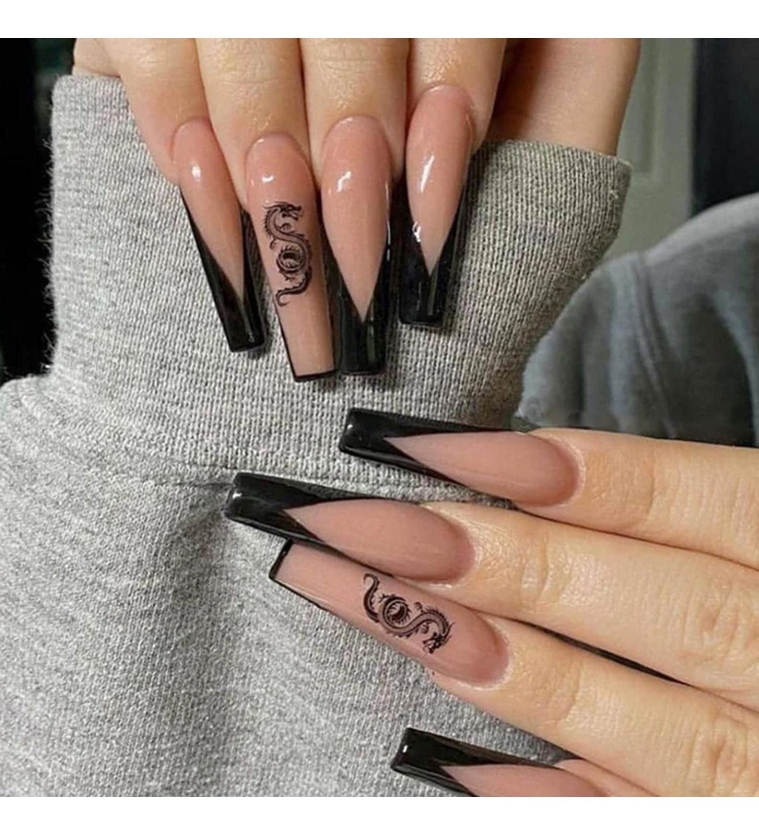 Black Snake Glossy Acrylic False Nails 24PCS Medium Press On Nails | Long Fake Nails with Glue Stickers | Stylish Black Dragon Design | Full Cover Stick On Nails for Women and Girls - Buy Online on GoSupps.com