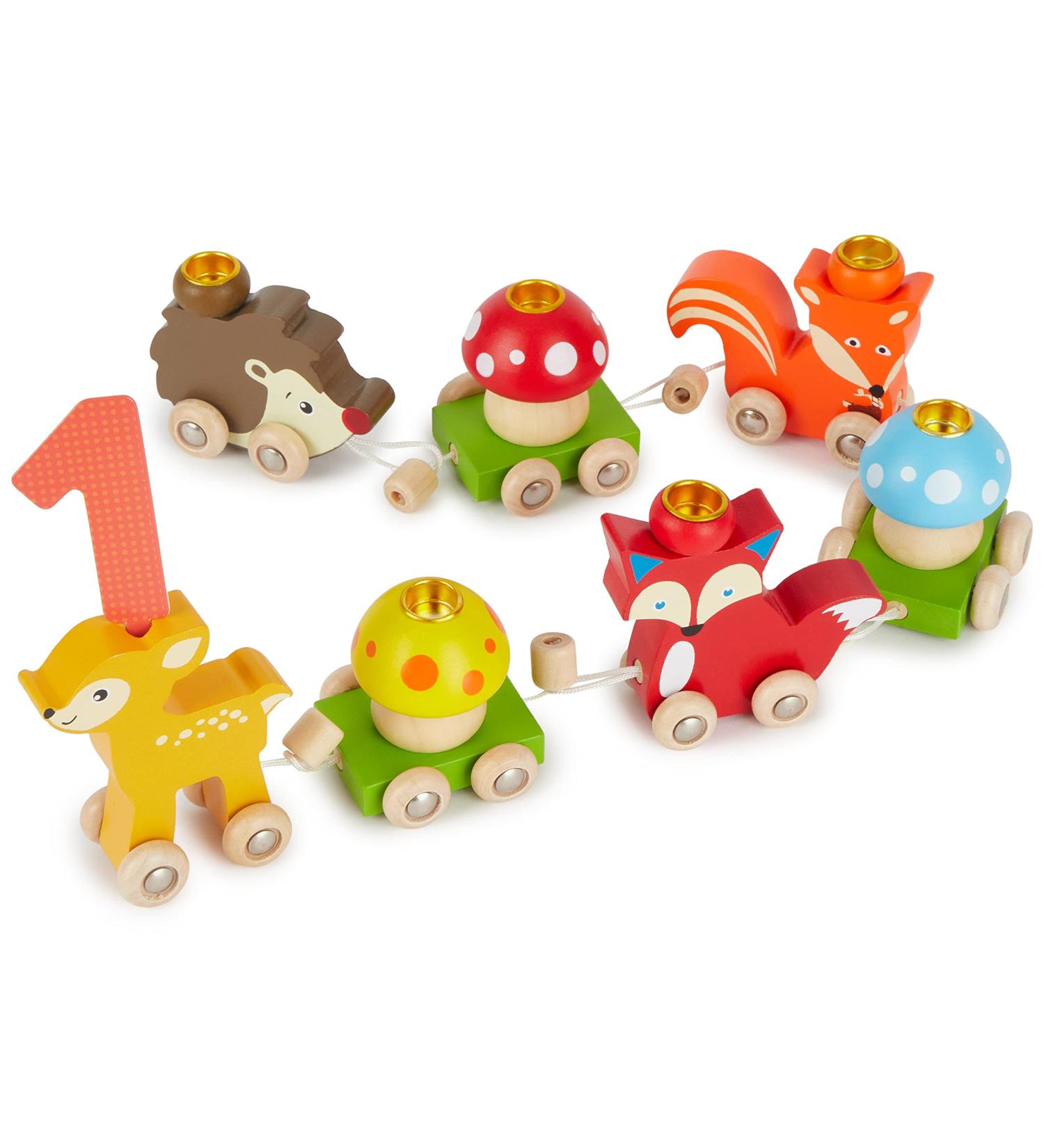 Bieco Wooden Birthday Train - Forest Animals with Numbers 0-9 | 17 Pieces 59 cm | Perfect Candle Train for Children's Birthdays - Buy Online on GoSupps.com