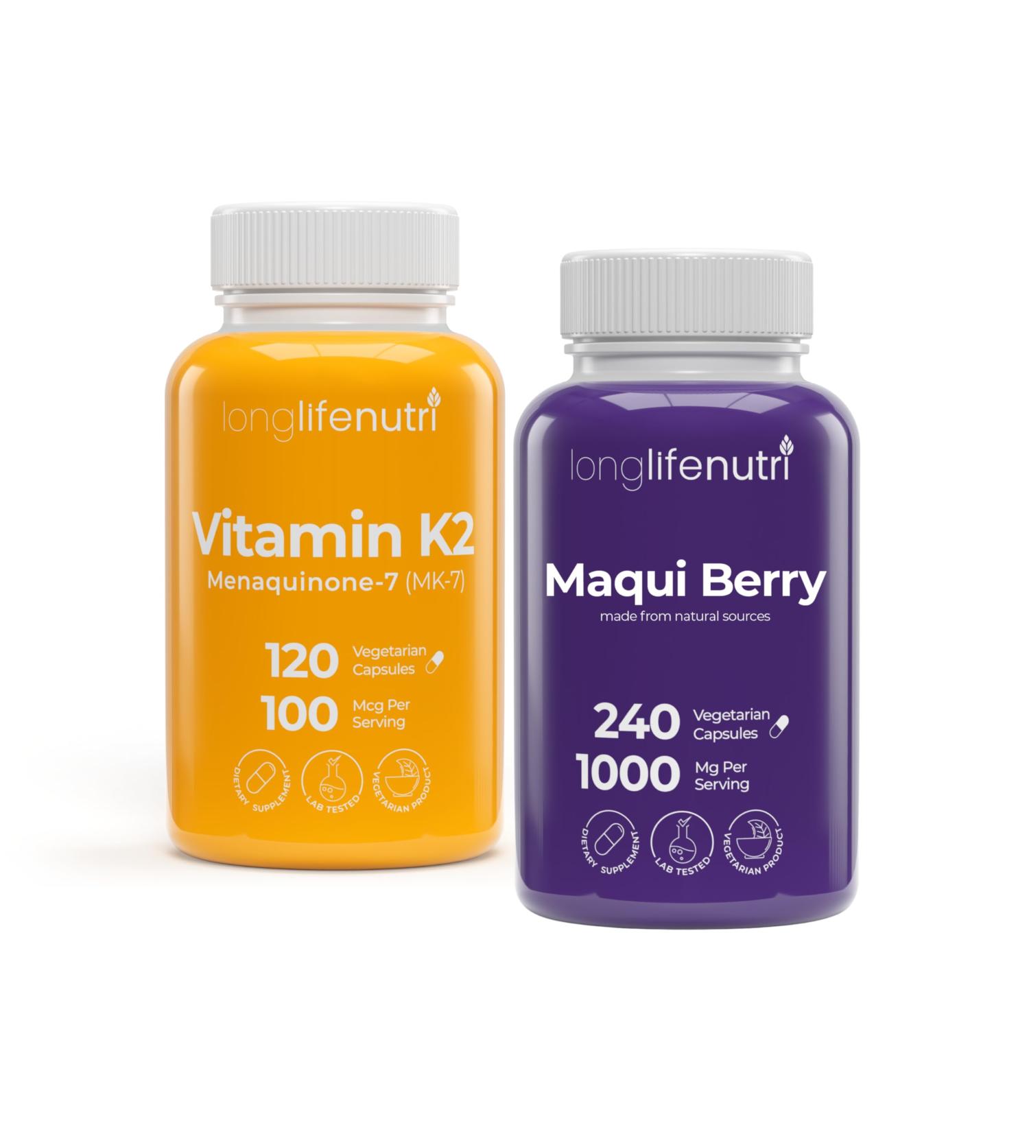 LongLifeNutri Vitamin K2 MK-7 100 mcg & Maqui Berry 1000 mg Bundle 120 Veg Capsules + 240 Veg Capsules 4-Month Supply Bone Circulation & Antioxidant Support Lab Tested Non-GMO Made in USA - Buy Online on GoSupps.com