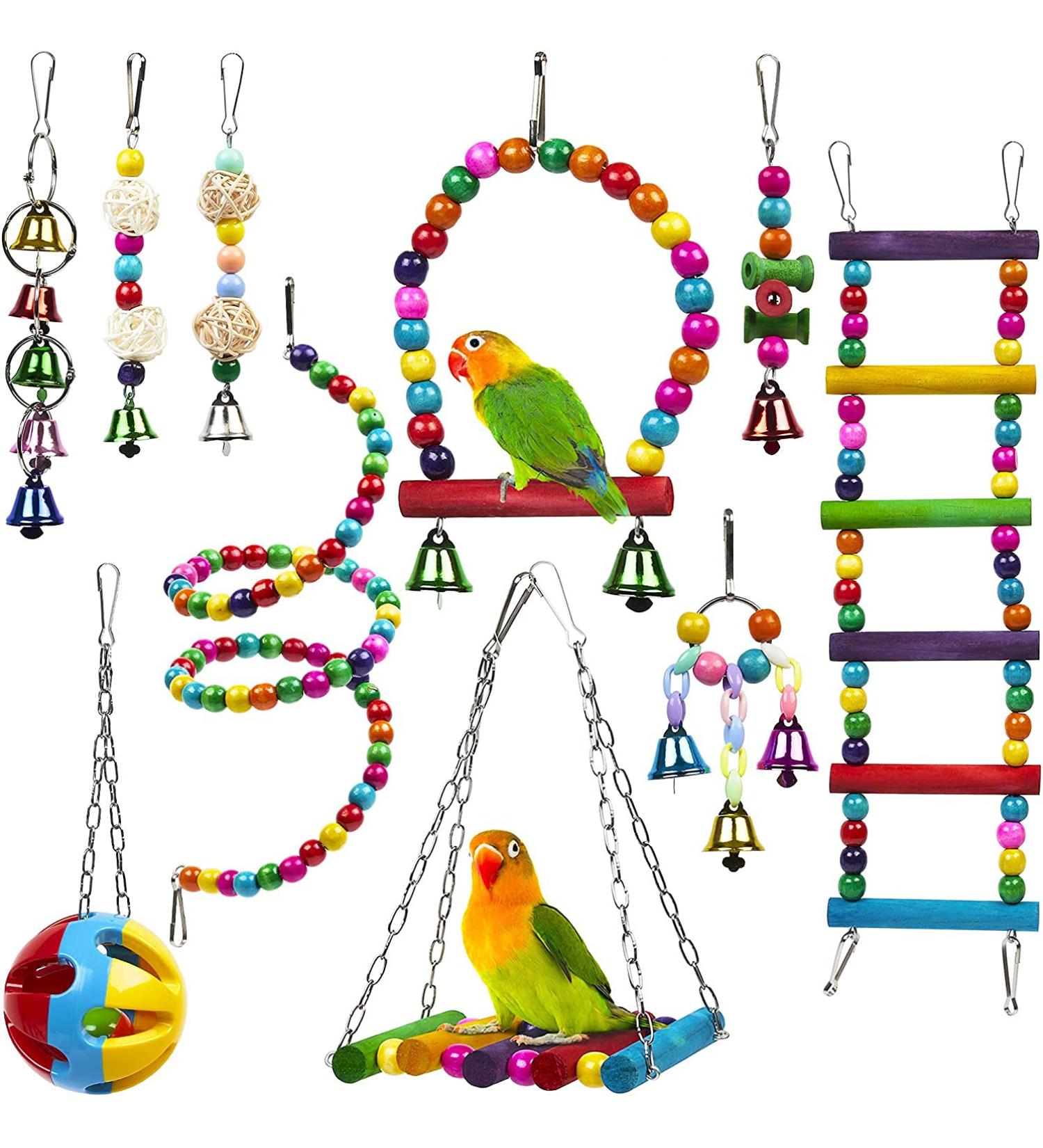 10-Piece Colorful Bird Toy Set for Parrots - Swings Chops Hanging Bells for Budgies Finch and Cockatiels - Buy Online on GoSupps.com
