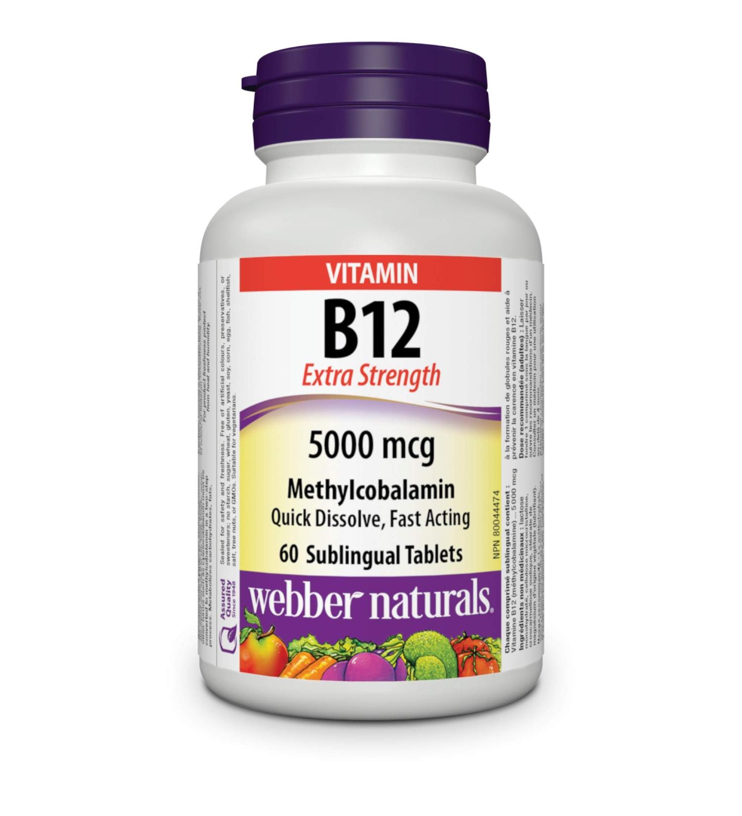 Webber Naturals Vitamin B12 5000 mcg Extra Strength Quick Dissolve 60 Tablets Supports Energy Production and Metabolism Unflavored 60 count (Pack of 1) - Buy Online on GoSupps.com
