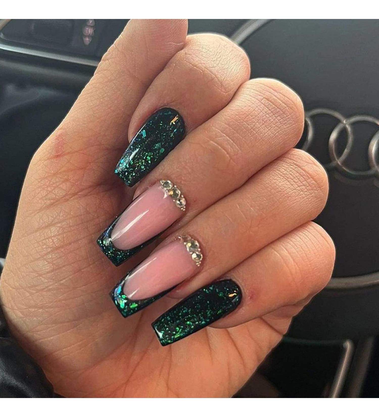 Green Rhinestone French Tip Press on Coffin Nails - Medium Full Cover Glitter Acrylic False Nails for Women - Buy Online on GoSupps.com