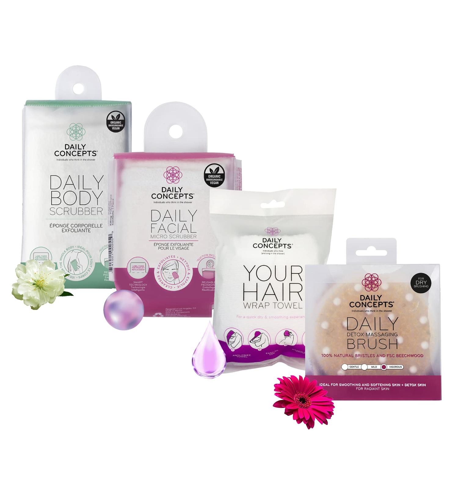 Daily Concepts Set: Body Scrubber, Facial Micro Scrubber, Hair Towel Wrap & Detox Massage Brush - Buy Online on GoSupps.com