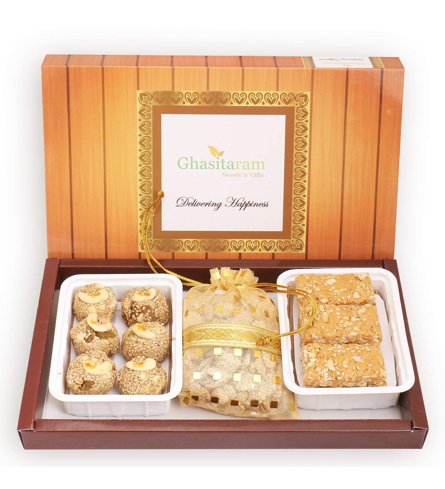 Ghasitaram Gifts Lohri Gifts Lohri Sweets - Til Laddoo (Bhuga) Revadi and Gachak Hamper - Buy Online on GoSupps.com