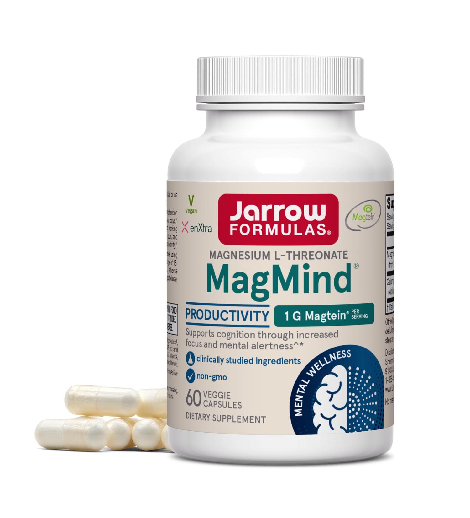 Jarrow Formulas Magnesium L-Threonate MagMind Productivity High Absorption Magnesium Brain Supplements for Memory and Focus 60 Veggie Capsules Up to a 30 Day Supply - Buy Online on GoSupps.com