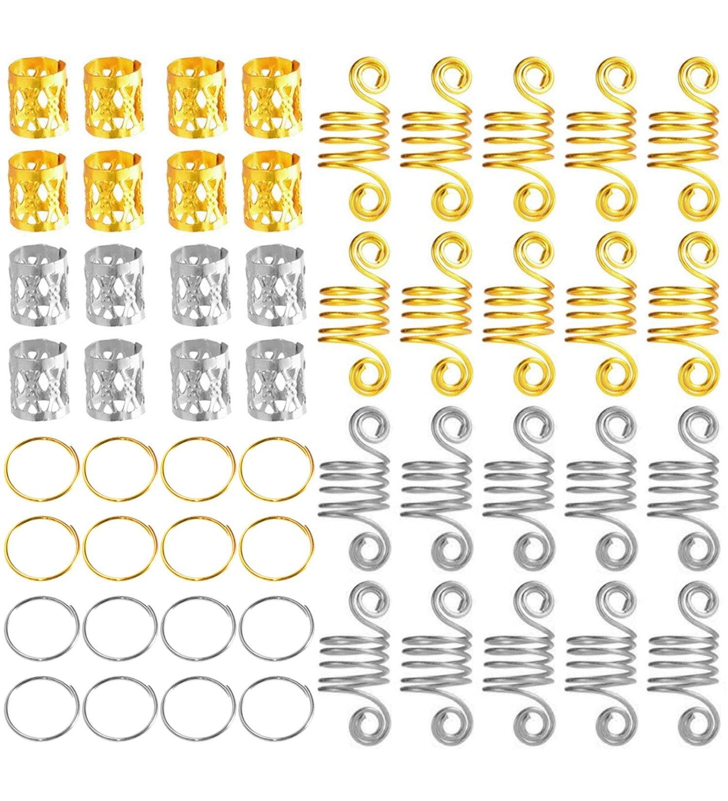 120 Pieces Aluminum Hair Coil Dreadlocks Hair Braid Rings Dreadlocks Metal Hair Cuffs Hair Braiding Beads for Hair Accessory (Gold and Silver) - Buy Online on GoSupps.com