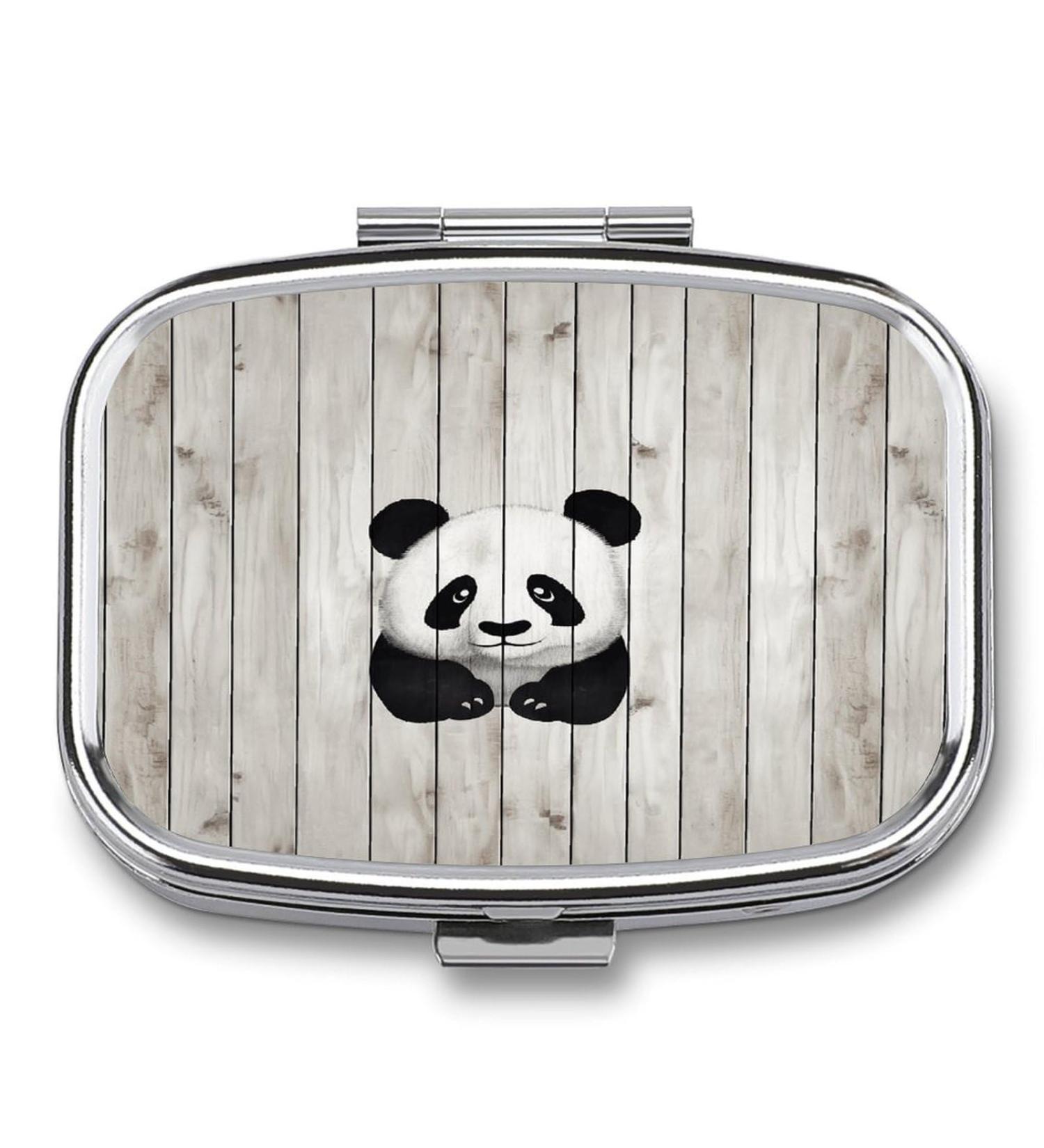 White Wooden Panda Print Pill Box - 2 Compartment Portable Medicine Organizer | Decorative Metal Pill Case for Pocket & Purse - Buy Online on GoSupps.com