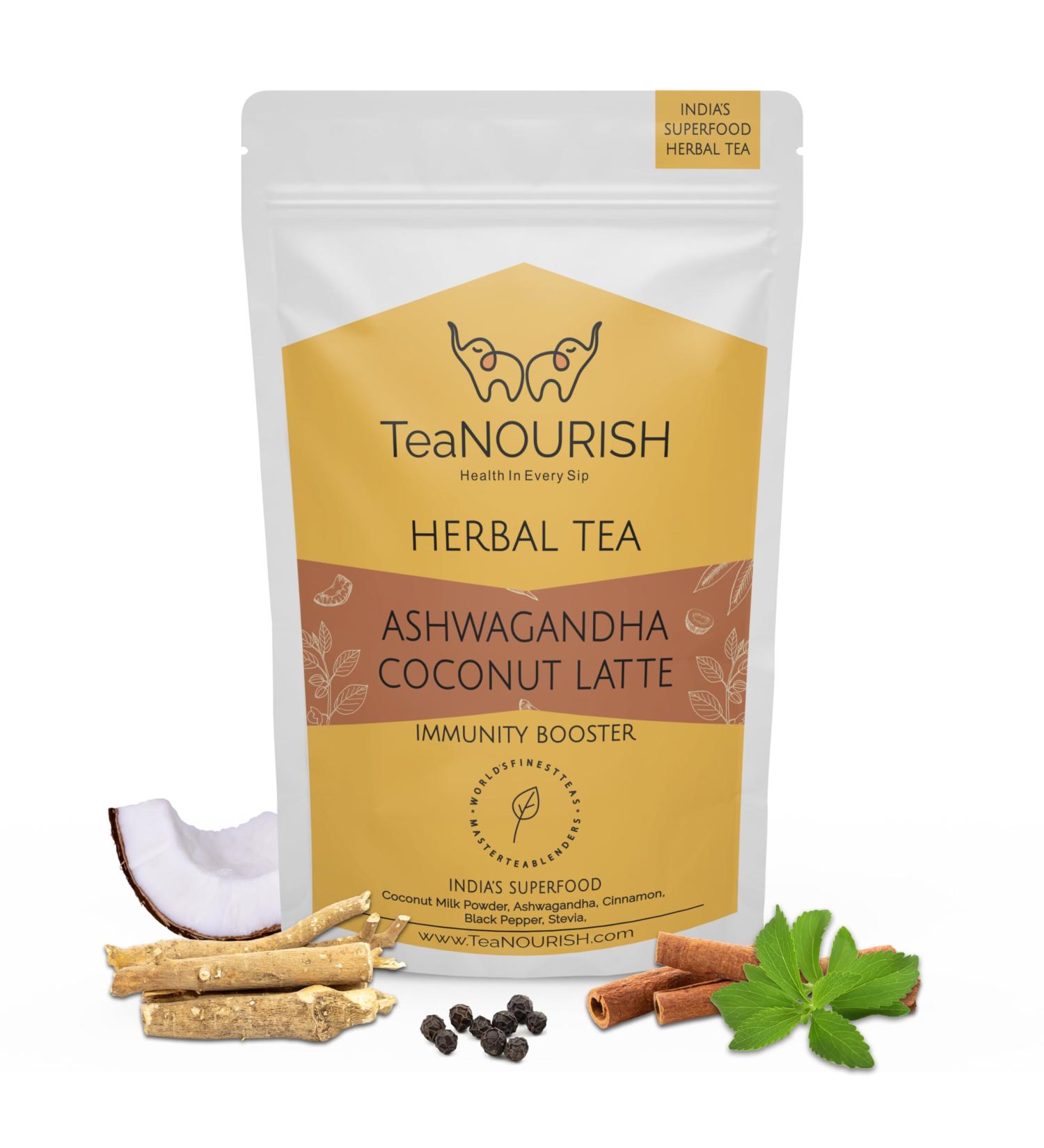 Teanourish Ashwagandha Coconut Latte | Caffeine-Free Herbal Tea | 100% Natural Indian Superfood | Relieves Stress & Supports Immunity | 100g Pack - Buy Online on GoSupps.com