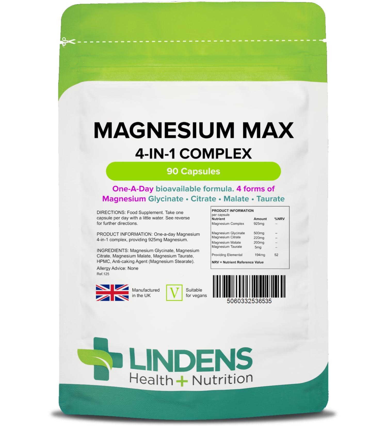 Lindens - Magnesium Max 4-in-1 Complex 90 Caps - 1 a Day UK Made - Muscle Support Bone Health & Energy Boost - Magnesium Glycinate Citrate Malate & Taurate - Letterbox Friendly Vegan - Buy Online on GoSupps.com