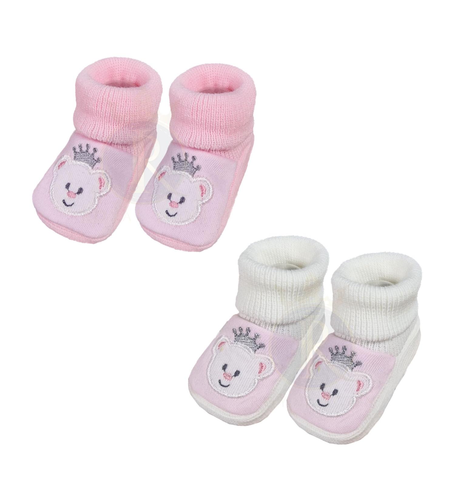 Royal Icon 2 x Pairs Baby Booties 0-3 Months | Soft & Stylish Newborn Slippers | Ideal for Indoor & Outdoor Use | White Pink Teddy Design - Buy Online on GoSupps.com