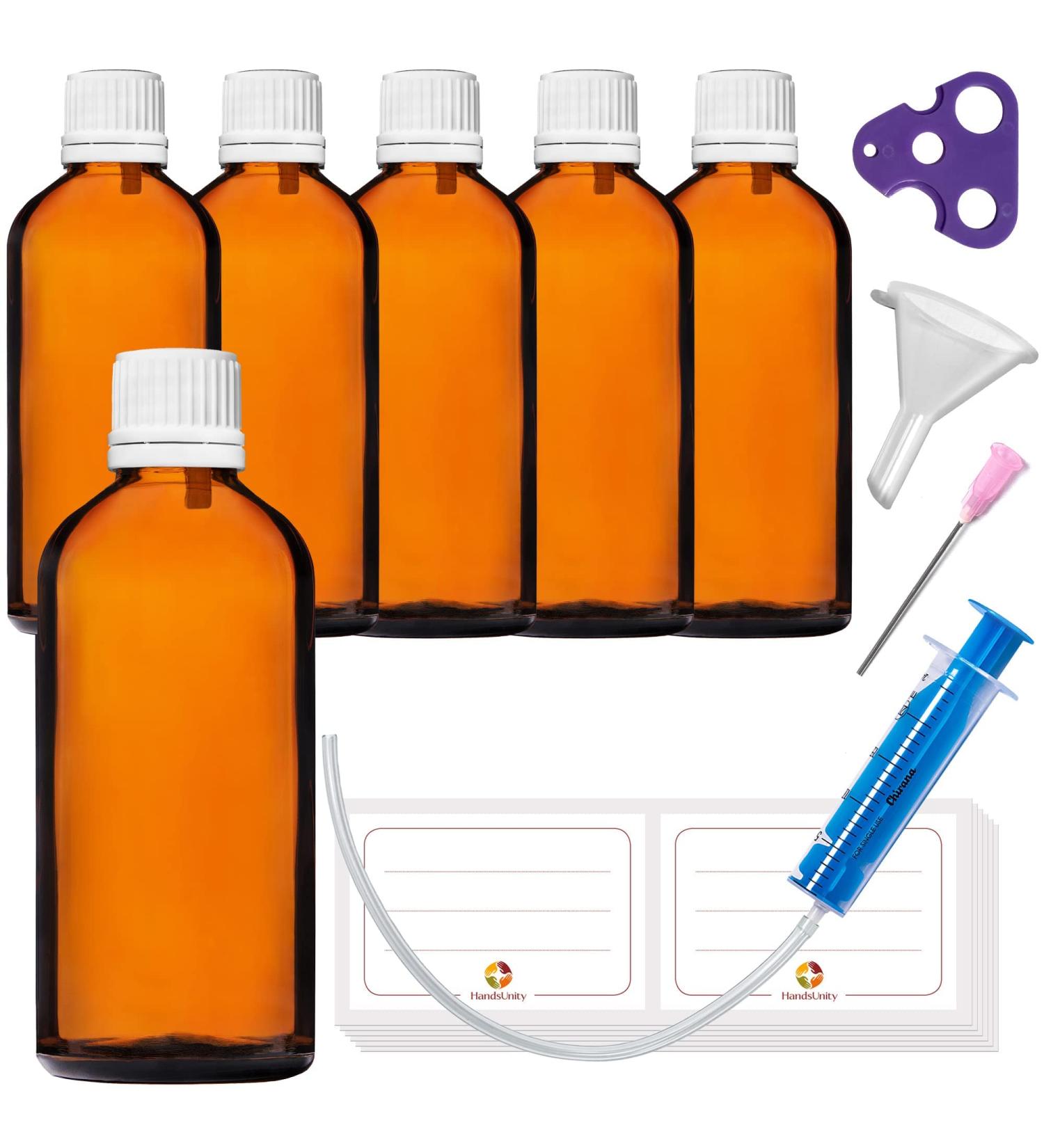 Handsunity 100ml Dripper Insertion Bottle Set - 6 Small Amber Glass Bottles with White Dropper Closure - Ideal for Pharmacists - Includes 18 Aids - Buy Online on GoSupps.com