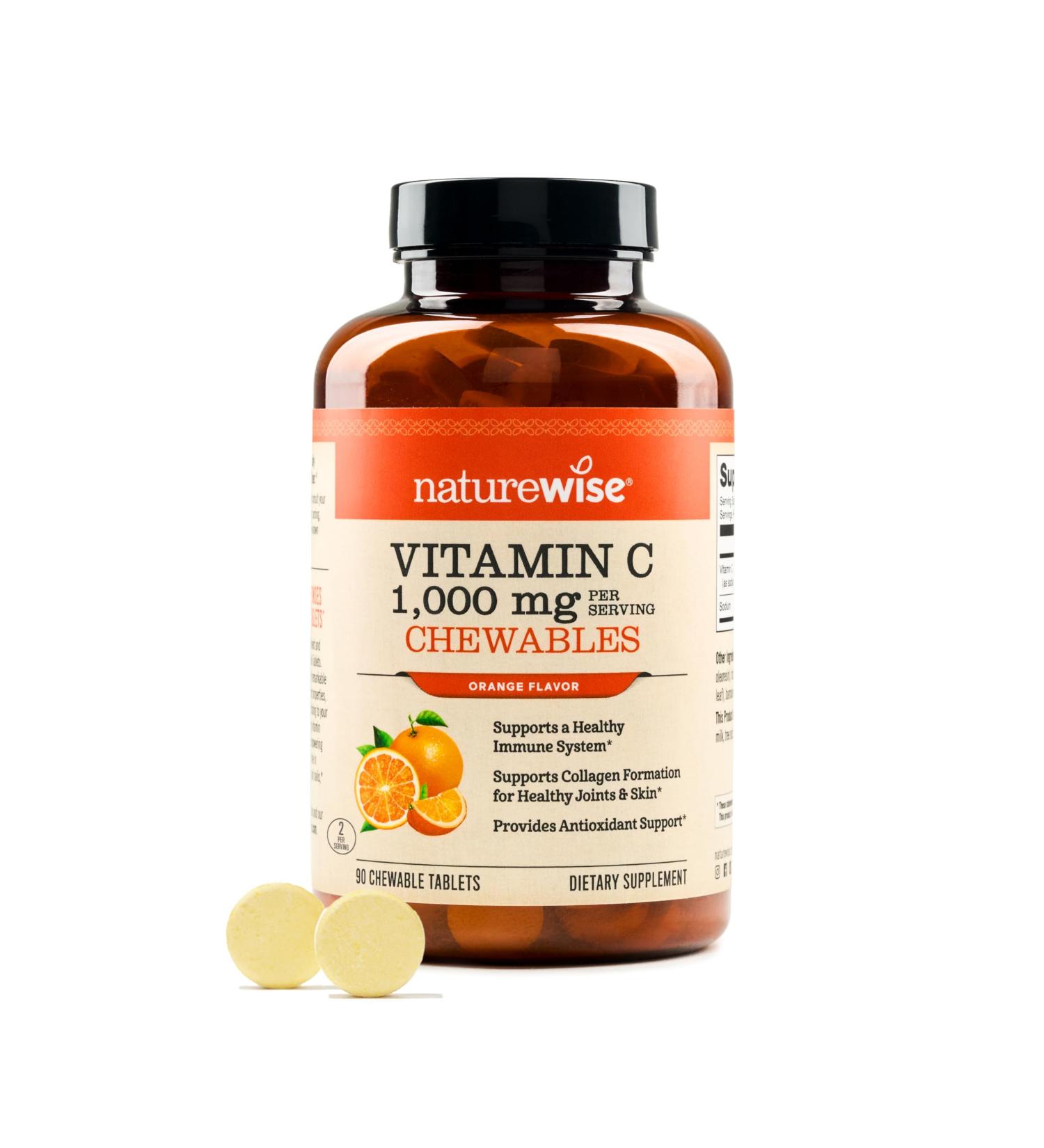 NatureWise Extra Strength Vitamin C Chewable 1000mg for Adults - Natural Orange Flavor - Immune System & Antioxidant Support - Non-GMO Vegan & Sugar Free - 90 Chewable Tablets 45-Day Supply Orange 90 Count (Pack of 1) - Buy Online on GoSupps.com