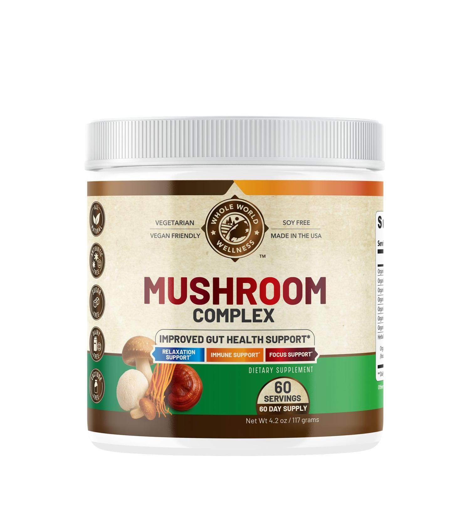 WHOLE WORLD WELLNESS Organic Mushroom Complex Powder | Immune Defense, Energy & Focus Support | Reishi, Lion's Mane, Chaga | Dairy Free & Soy Free | 60 Servings | Made in The USA. - Buy Online on GoSupps.com
