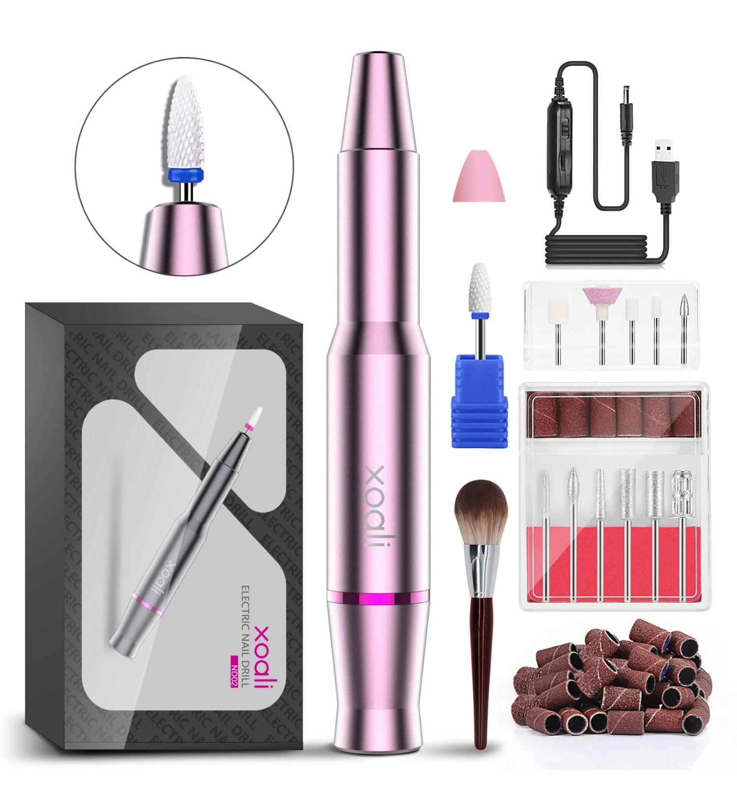 Xoali Electric Nail Machine 25000 RPM - 12 in 1 Manicure Set | USB Nail Drill & Clippers for Home & Salon Use (Pink) - Buy Online on GoSupps.com